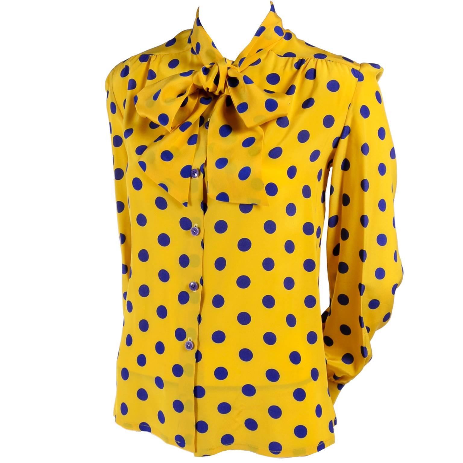 Adolfo Blouse in Yellow Silk With Blue Polka Dots and Bow