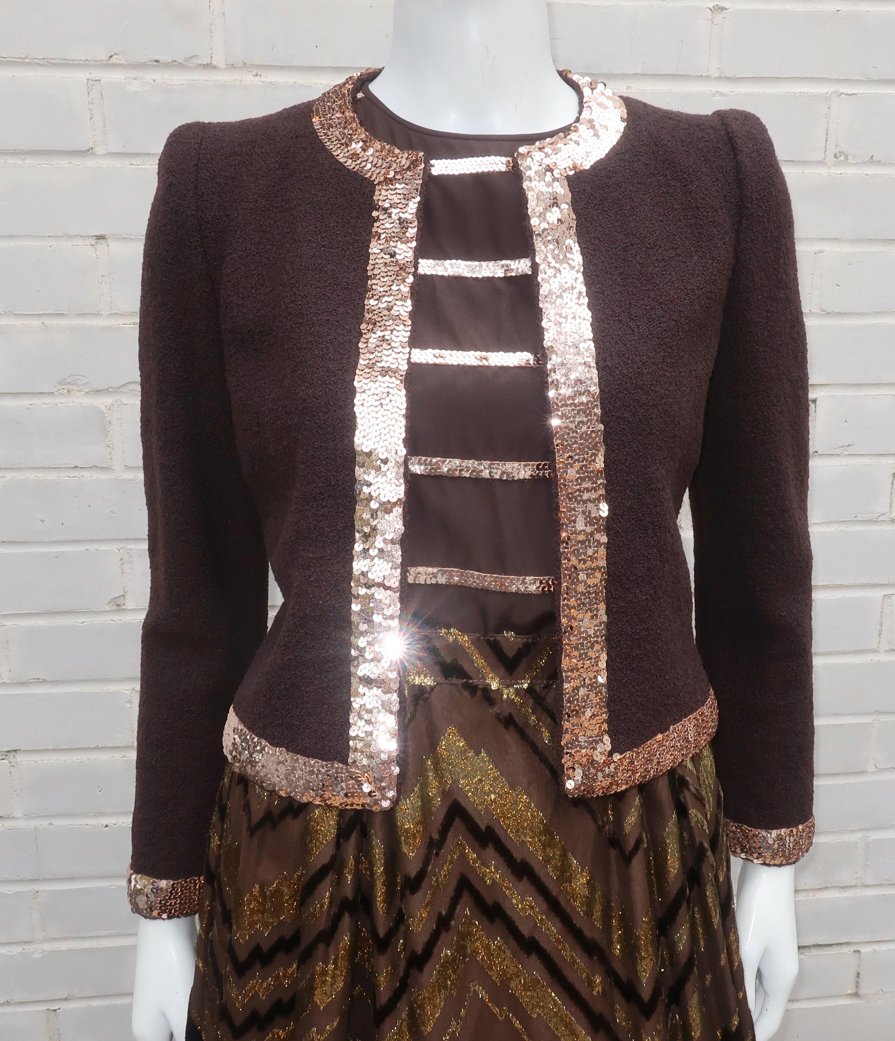 1960's Adolfo at Saks Fifth Avenue three piece evening ensemble consisting of a jacket, shell top and maxi skirt all in shades of dark chocolate brown and gold.  The open collar wool boucle jacket is embellished with gold sequins at the neckline and