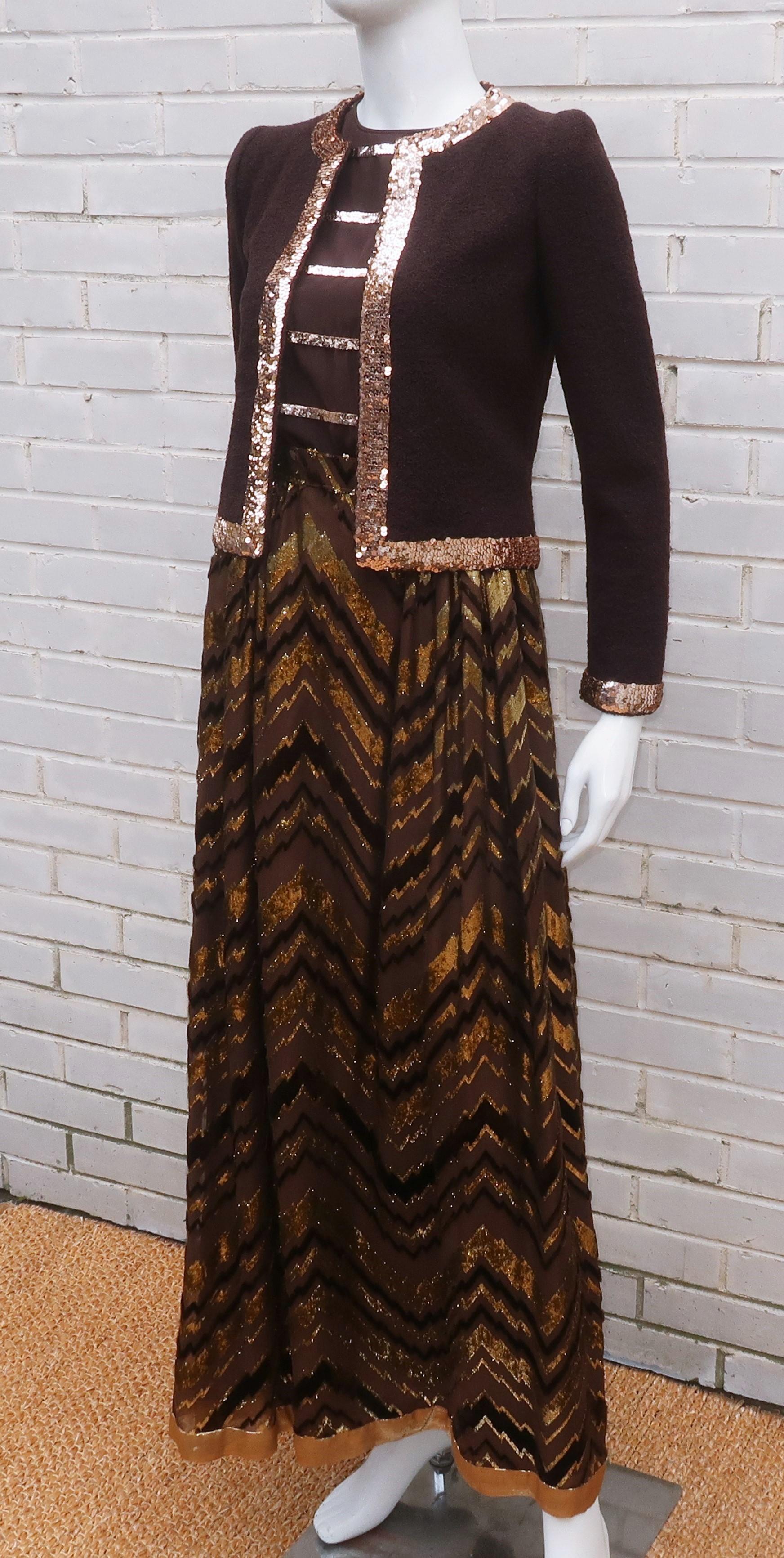Adolfo Brown & Gold Sequin Three Piece Evening Dress Suit, 1960's In Good Condition For Sale In Atlanta, GA