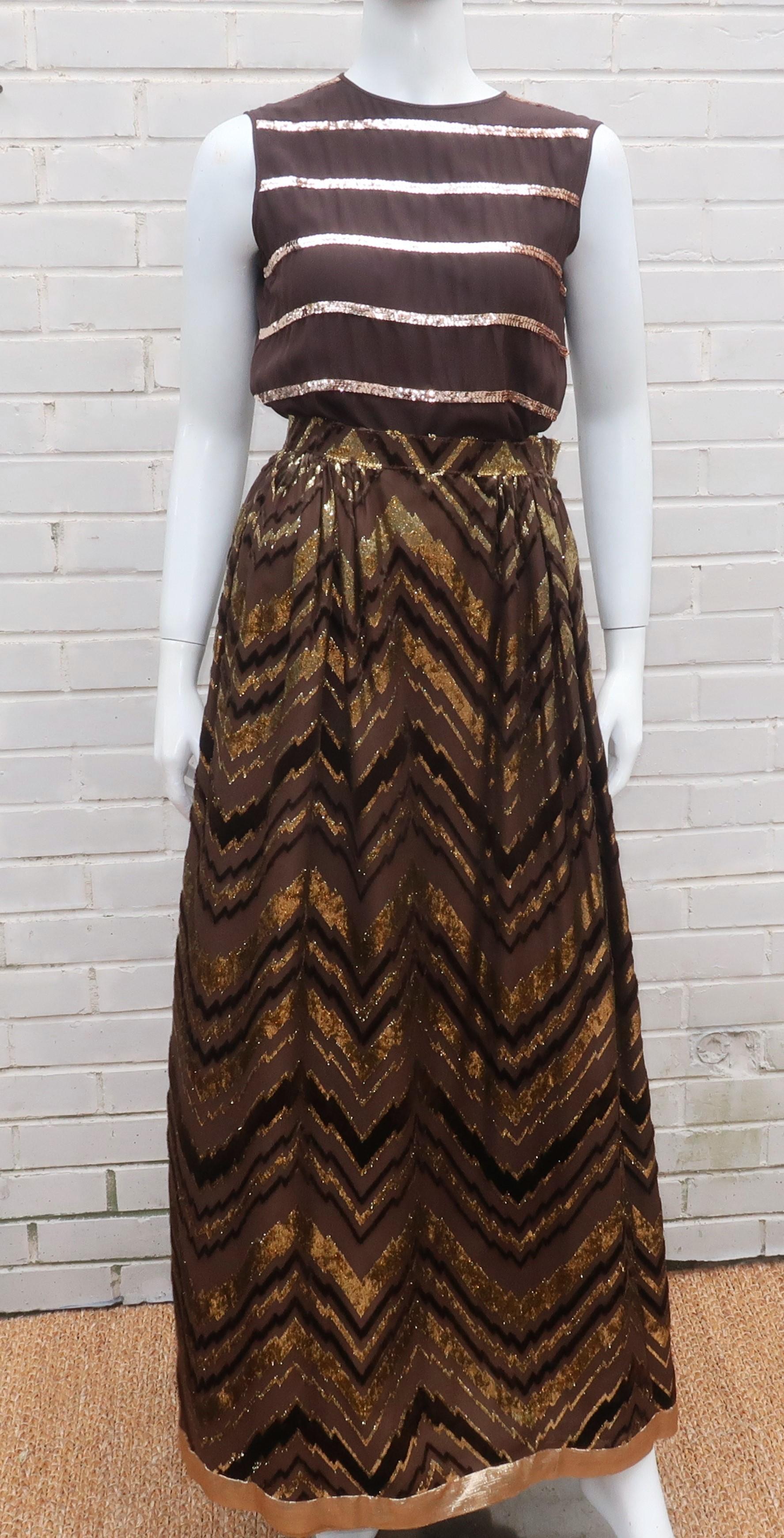 Adolfo Brown & Gold Sequin Three Piece Evening Dress Suit, 1960's For Sale 2