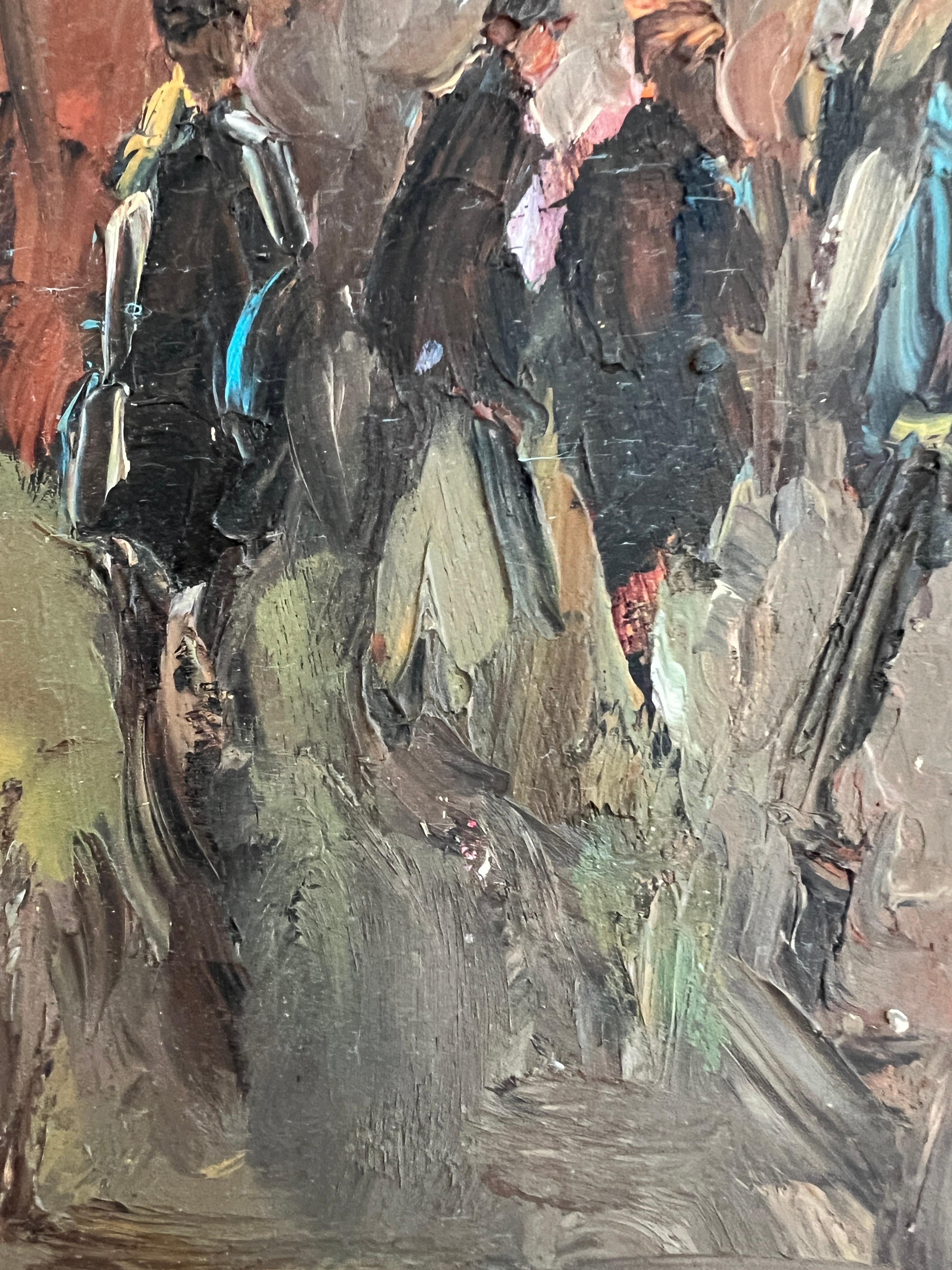 Work on wood
Gray  frame
Dimensions with frame 40 x 40 x 5.5 cm

This painting masterfully captures a nighttime street scene, where passers-by cross a space bathed in the soft glow of street lamps. The atmosphere is imbued with mystery and movement,
