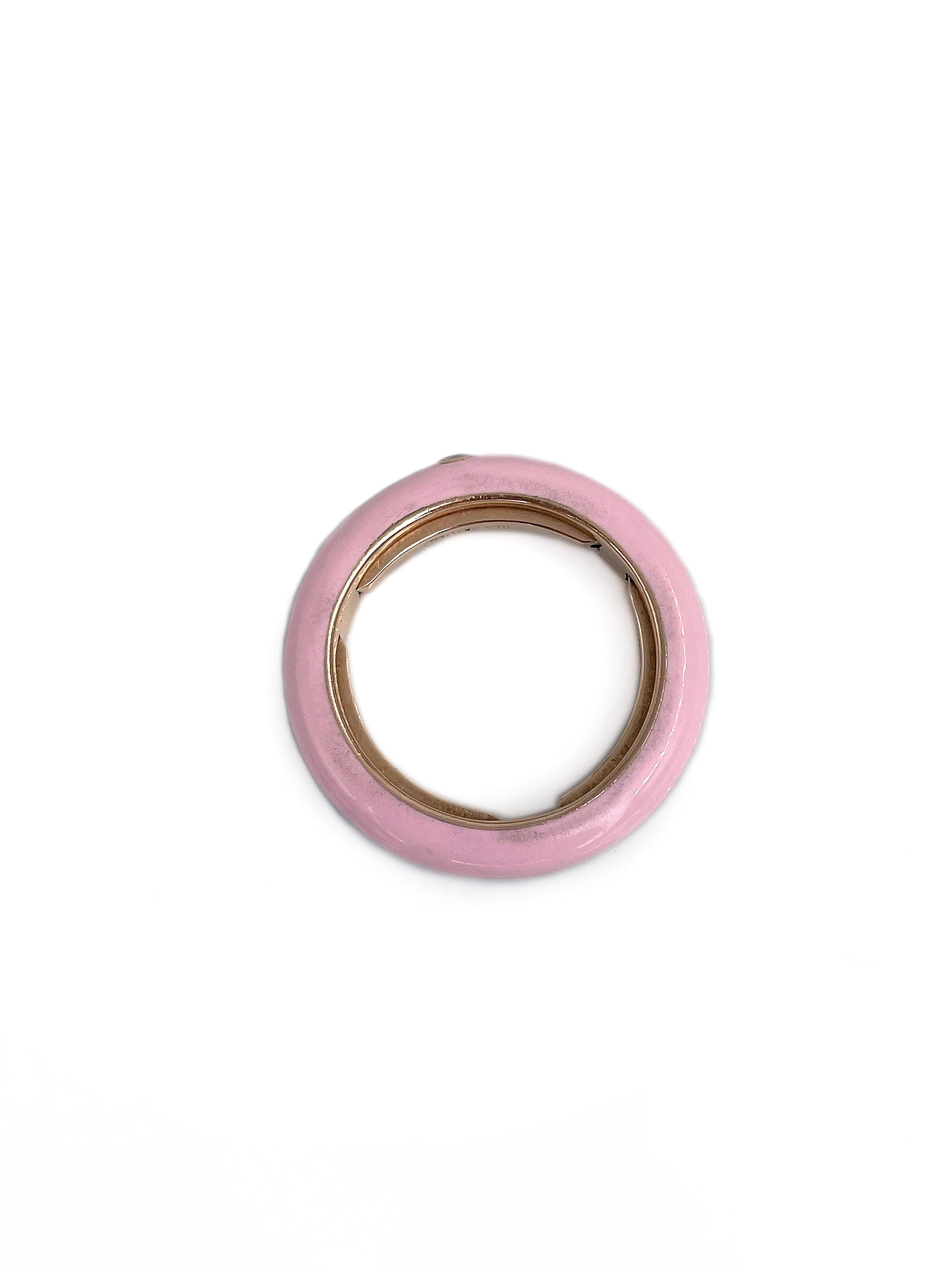 Modern Adolfo Courrier 18 Karat Gold Light Pink Enamel Diamond Band Ring For Sale