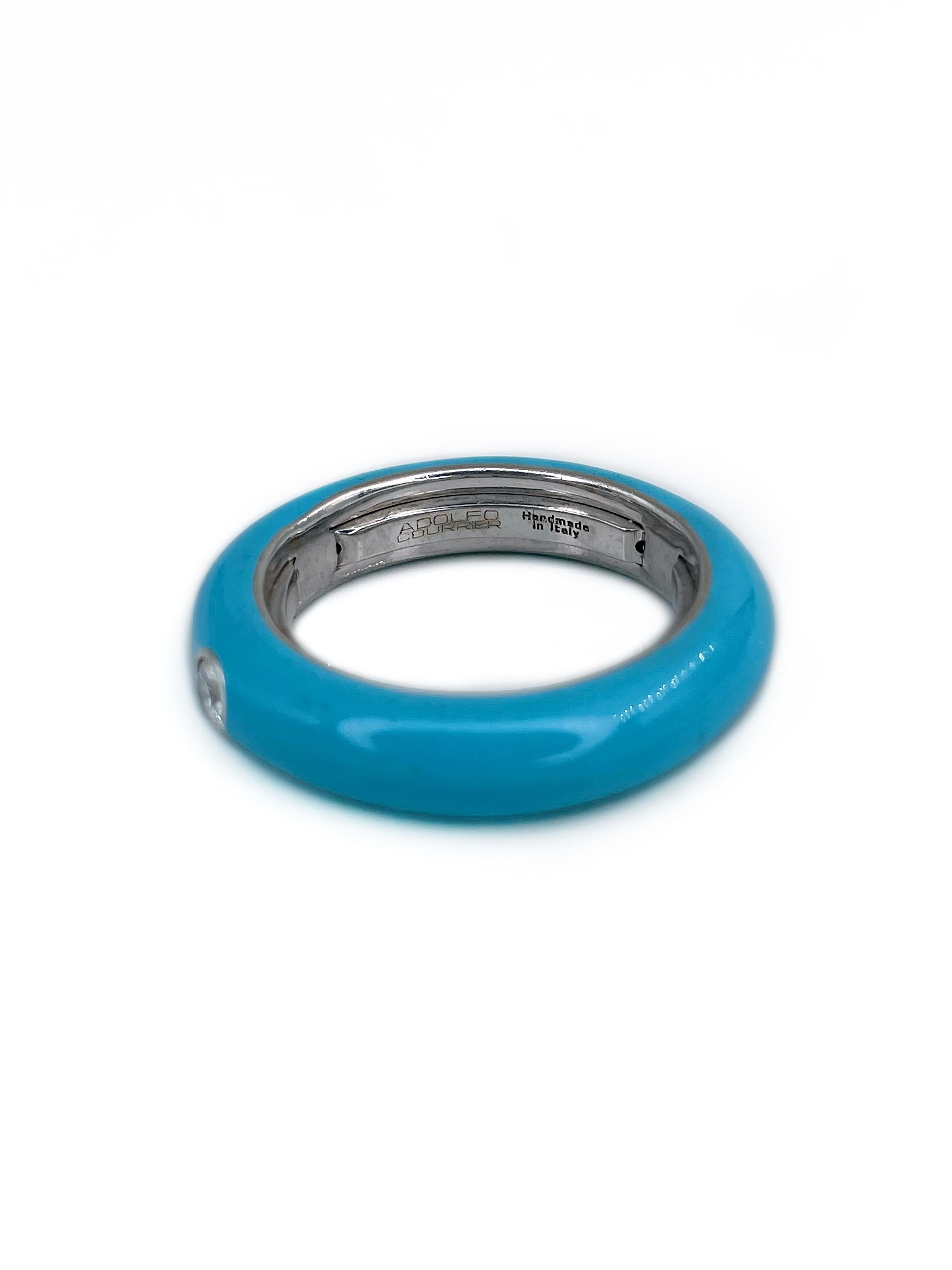 Adolfo Courrier 18 Karat Gold Himmelblauer Emaille-Diamant-Ring (Moderne)