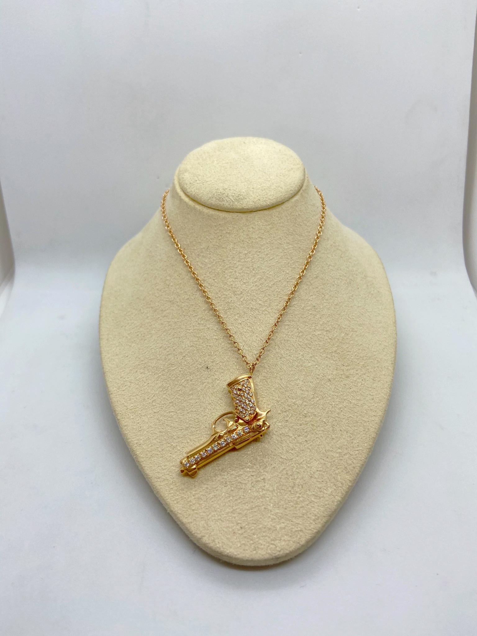 Round Cut Adolfo Courrier 18 Karat Rose Gold .80 Carat Diamond Beretta Pistol Gun Pendant For Sale