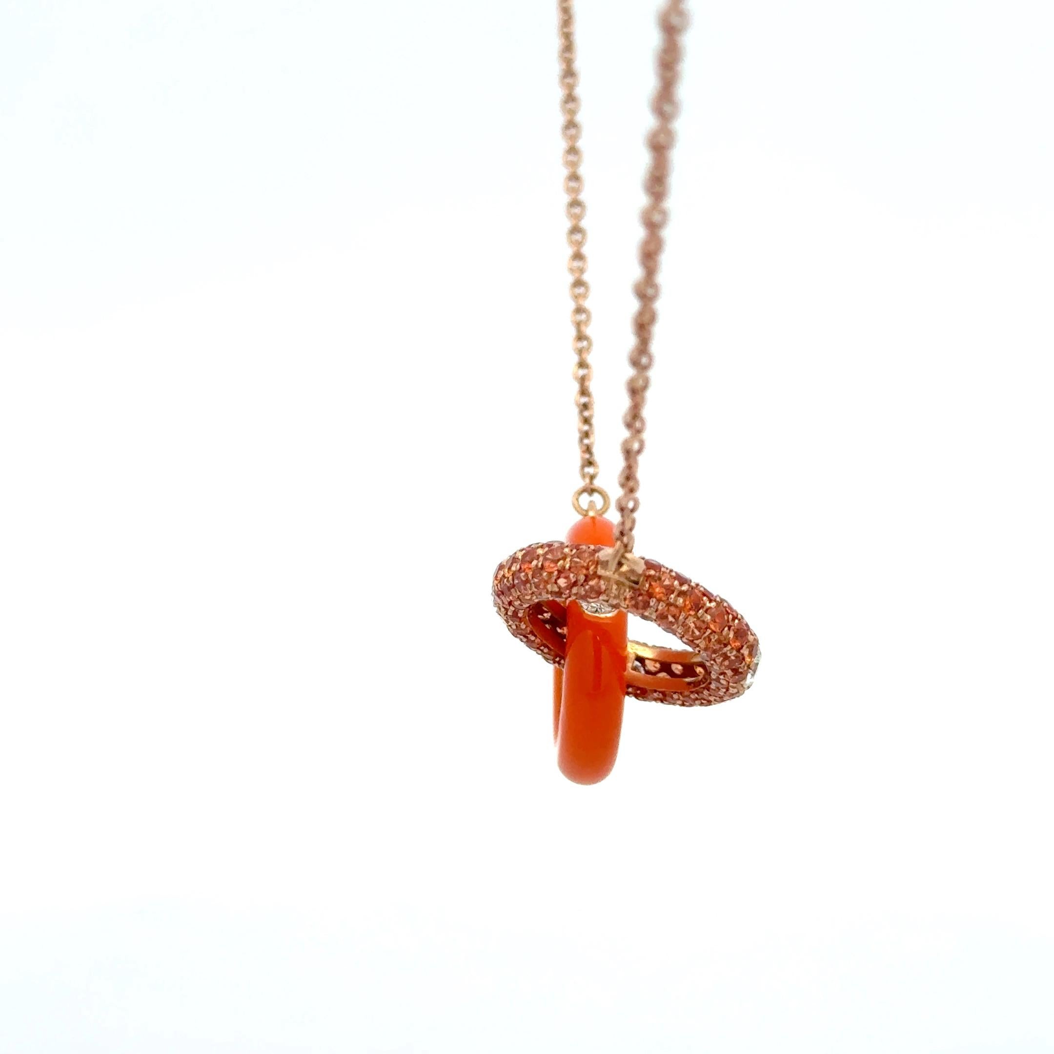 Adolfo Courrier Enamel Orange Sapphire & Diamond Pendant Necklace 18K Rose Gold In Excellent Condition For Sale In Dallas, TX