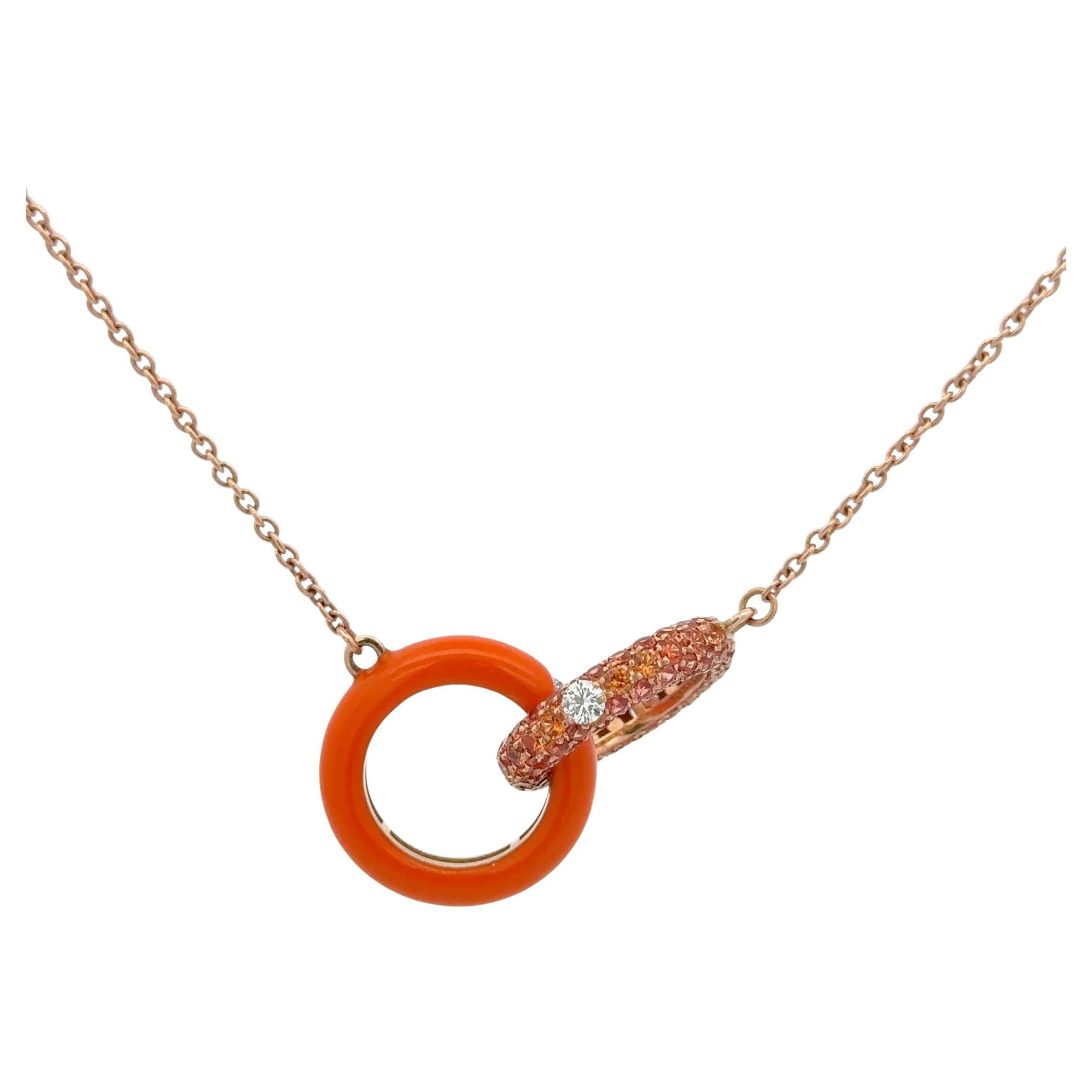 Adolfo Courrier Enamel Orange Sapphire & Diamond Pendant Necklace 18K Rose Gold