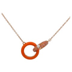 Adolfo Courrier Enamel Orange Sapphire & Diamond Pendant Necklace 18K Rose Gold