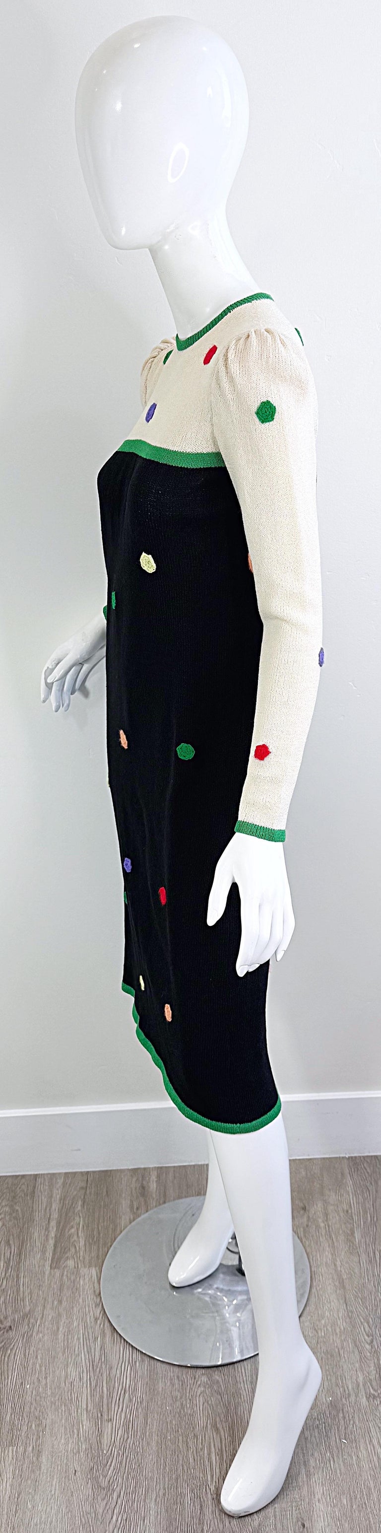 Adolfo For Saks 5th Avenue 1980s Black And White Colorful Polka Dots 80s Dress