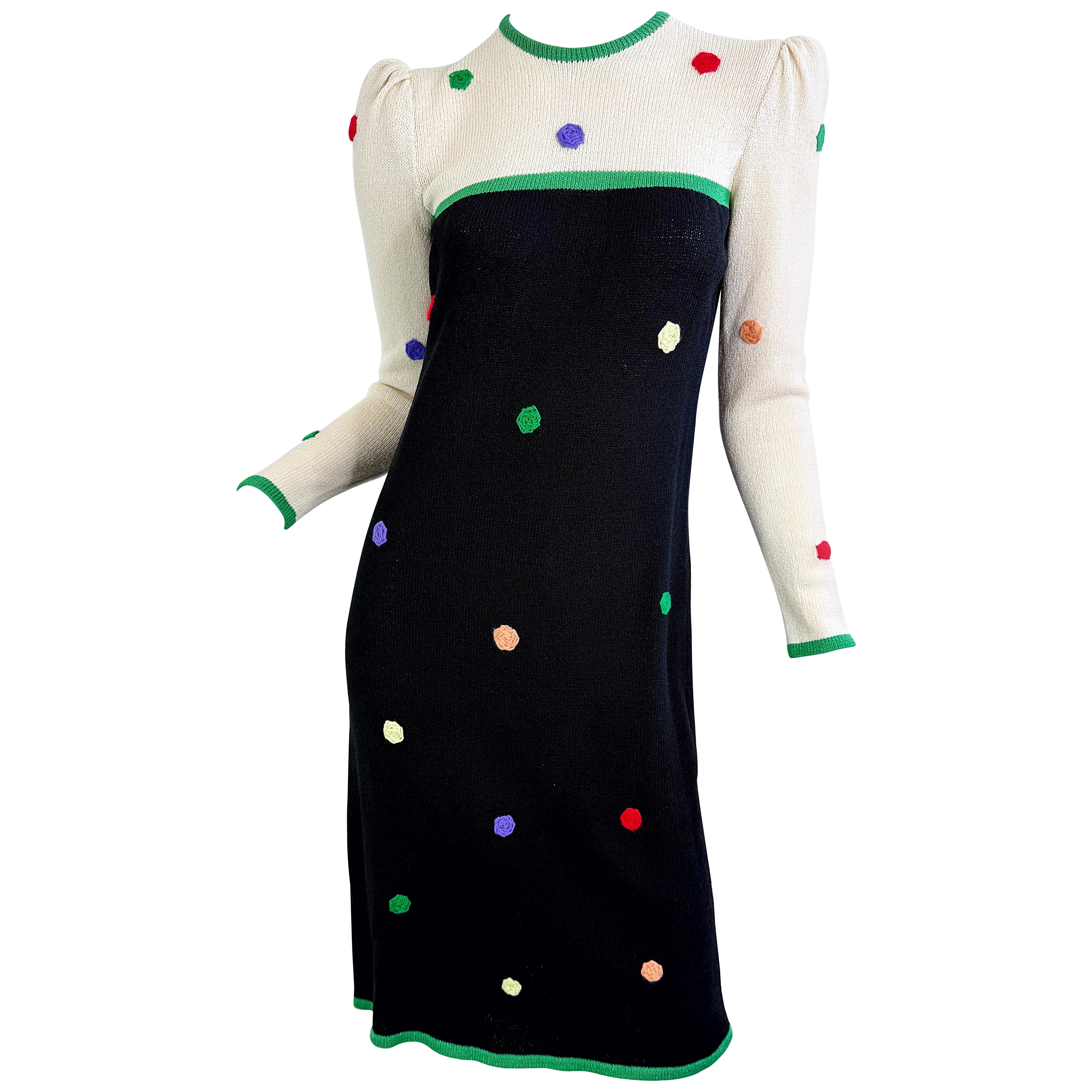 Adolfo für Saks 5th Avenue 1980er Schwarzes und weißes, farbenfrohes, gepunktetes 80er Jahre Kleid mit Tupfen im Angebot