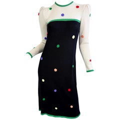 Adolfo für Saks 5th Avenue 1980er Schwarzes und weißes, farbenfrohes, gepunktetes 80er Jahre Kleid mit Tupfen
