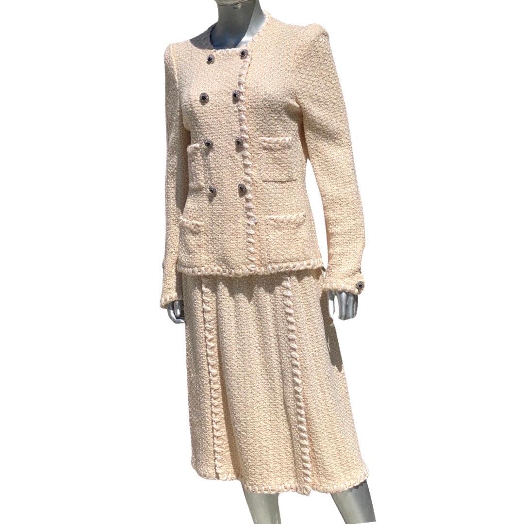 Adolfo for Saks Fifth Ave Iconic Boucle Creme Suit Jewel Buttons Size 6-8  10