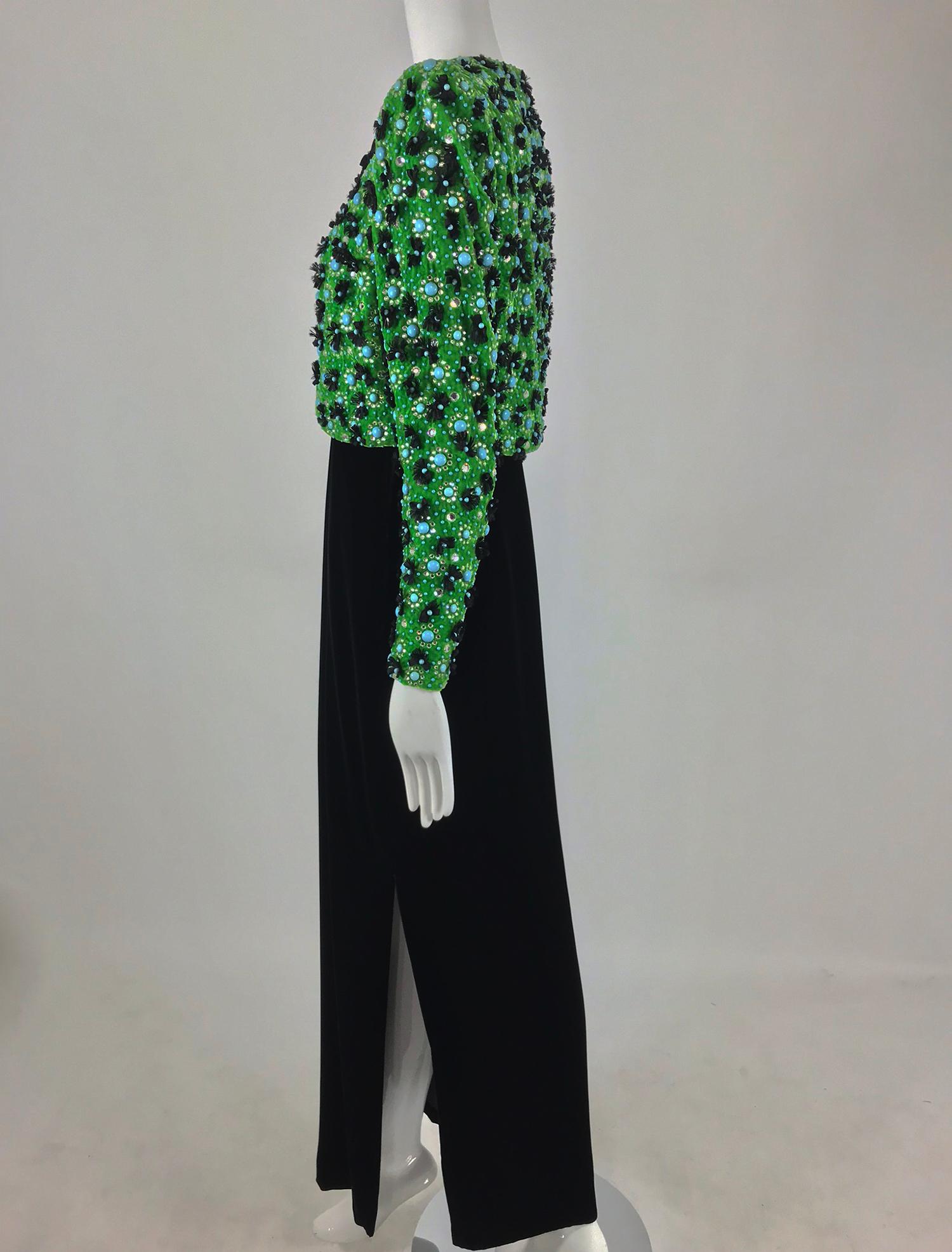 Adolfo Grass Green Velvet beaded Jacket and Velvet Slip Dress set 1970s  2