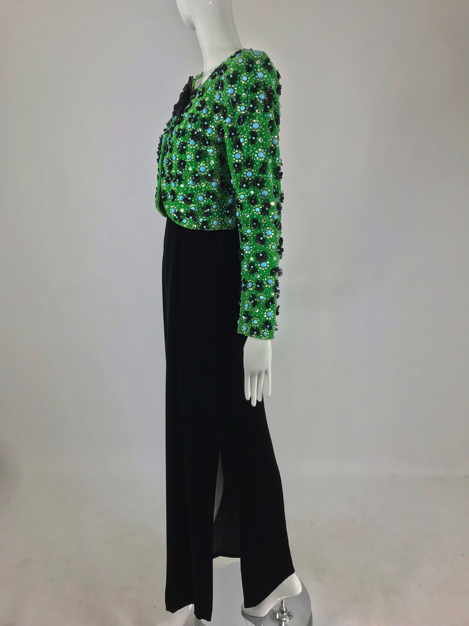 Adolfo Grass Green Velvet beaded Jacket and Velvet Slip Dress set 1970s  3