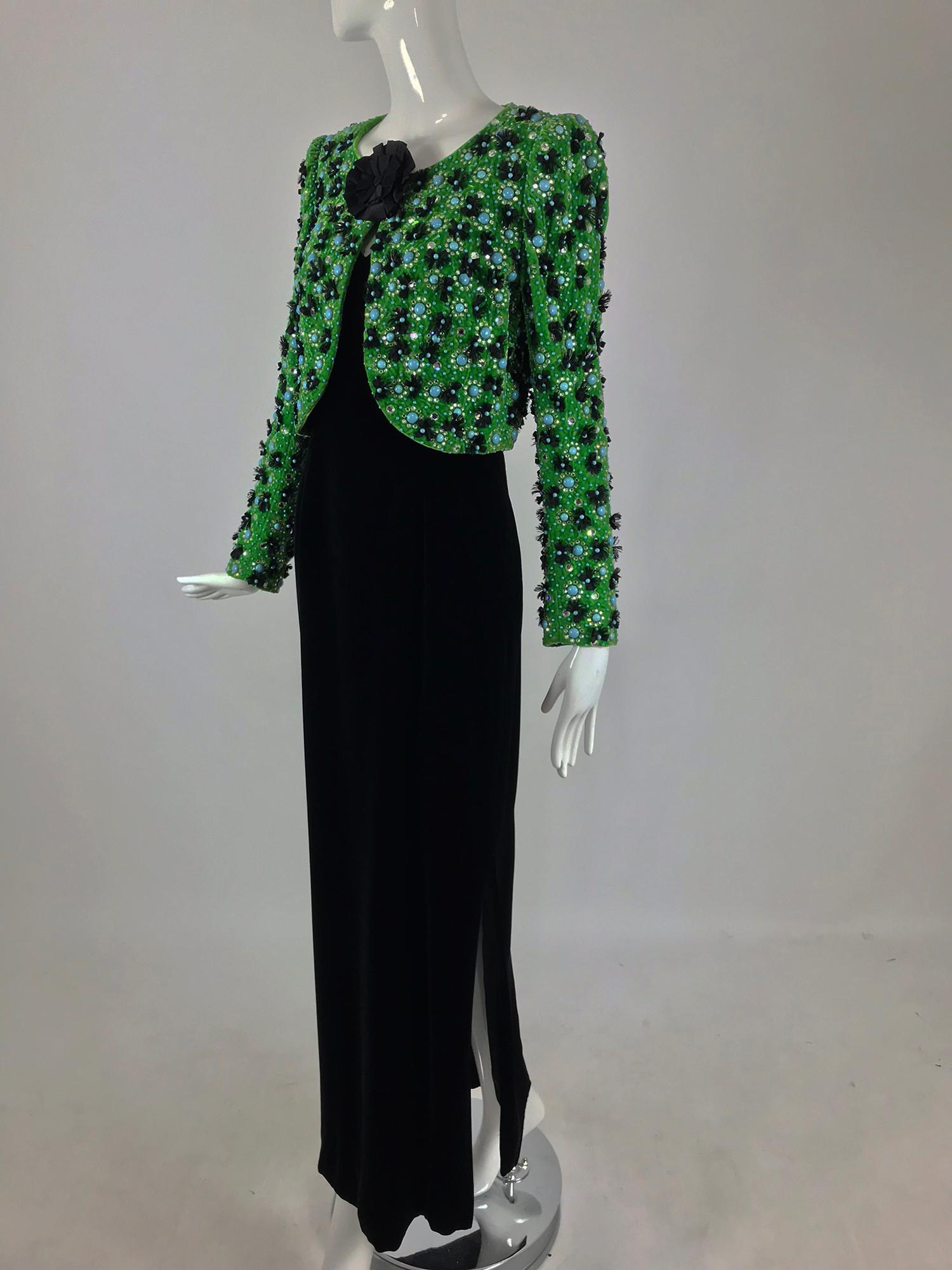 Adolfo Grass Green Velvet beaded Jacket and Velvet Slip Dress set 1970s  4