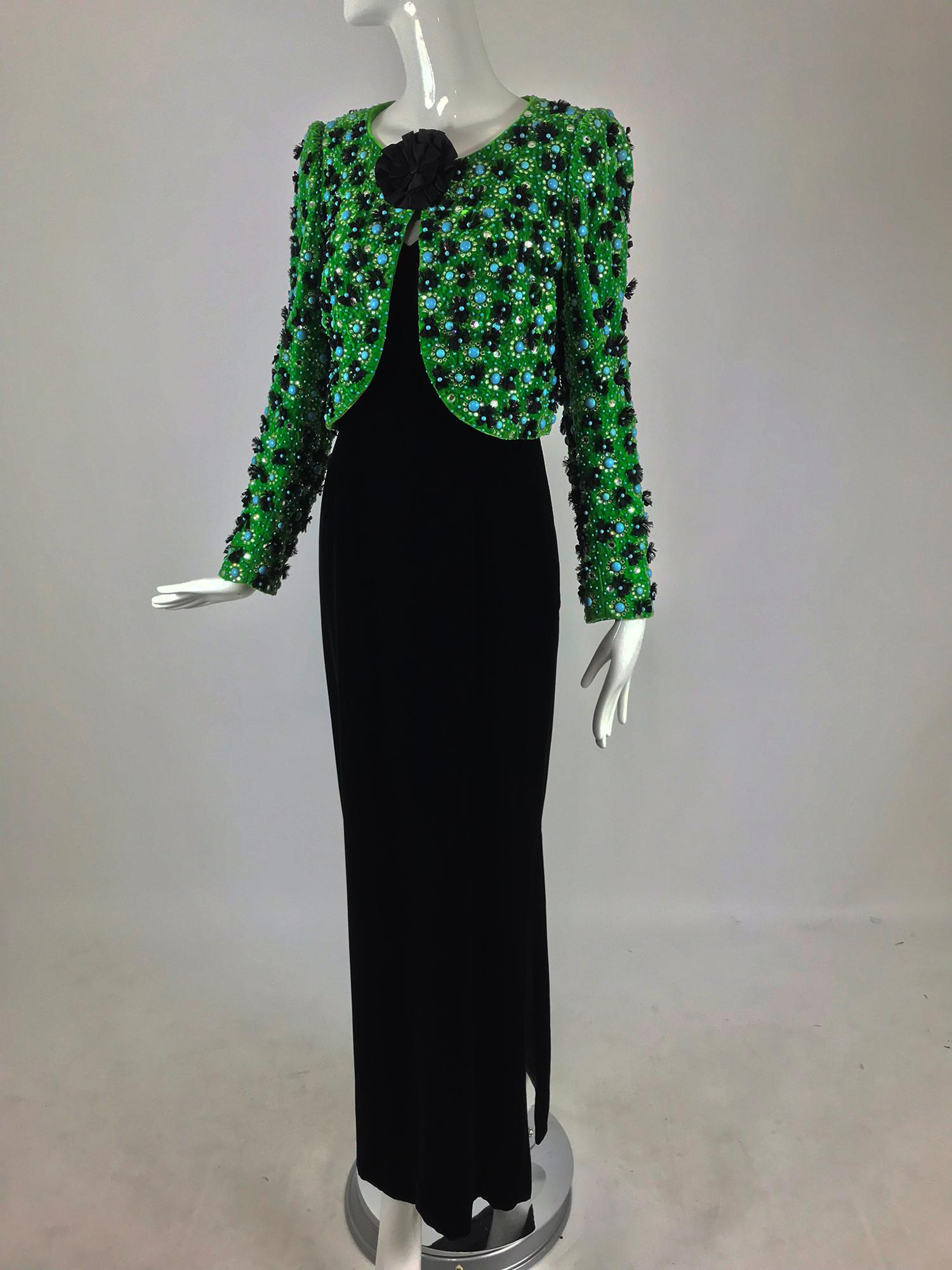 Adolfo Grass Green Velvet beaded Jacket and Velvet Slip Dress set 1970s  5