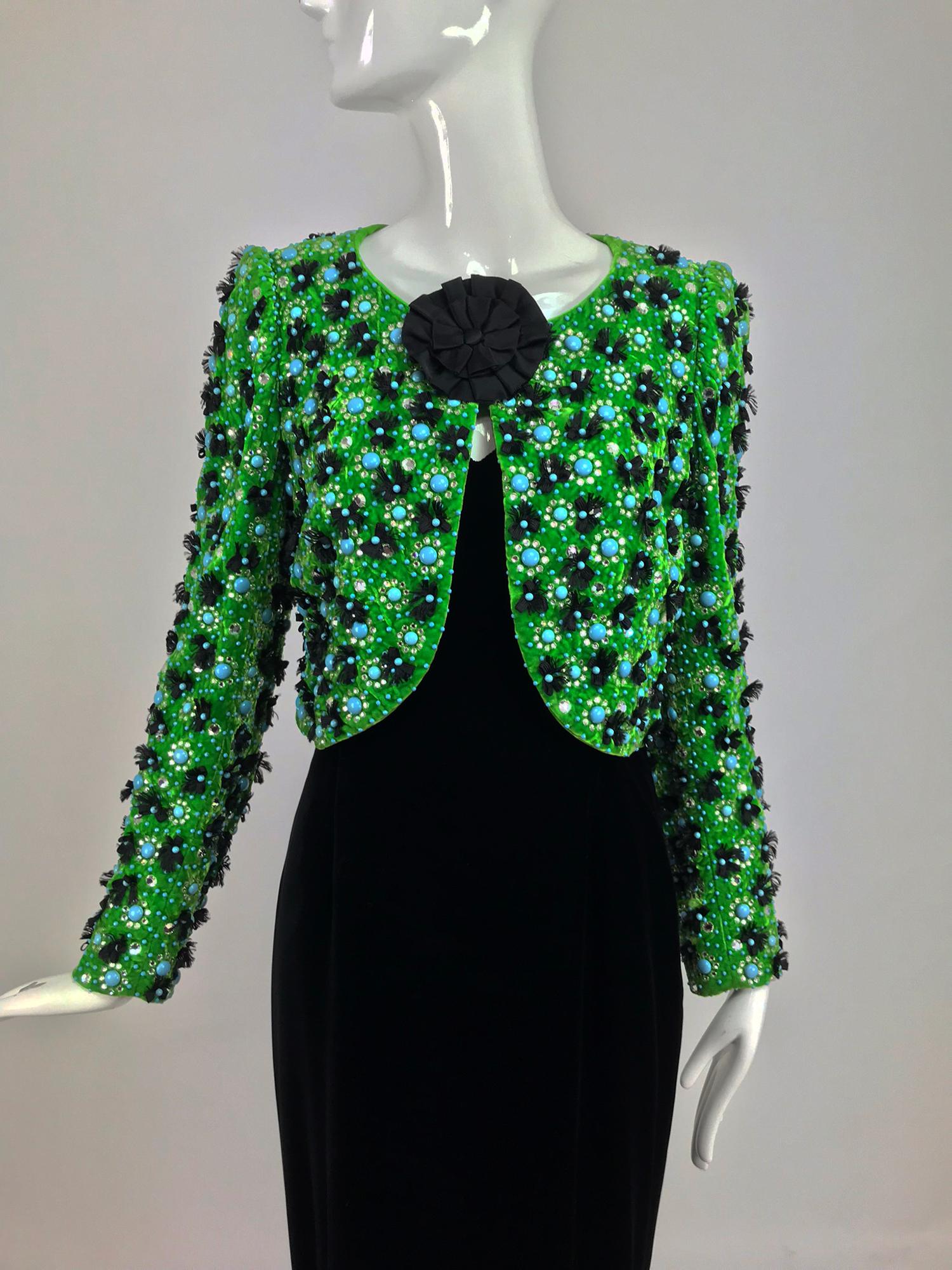 Adolfo Grass Green Velvet beaded jacket and Velvet Slip dress set from the 1970s. Custom made for New York/Palm Beach socialite and model Jean Tailer in the 1970s.  A beautiful combination, the slip dress is black bias cut velvet with spaghetti