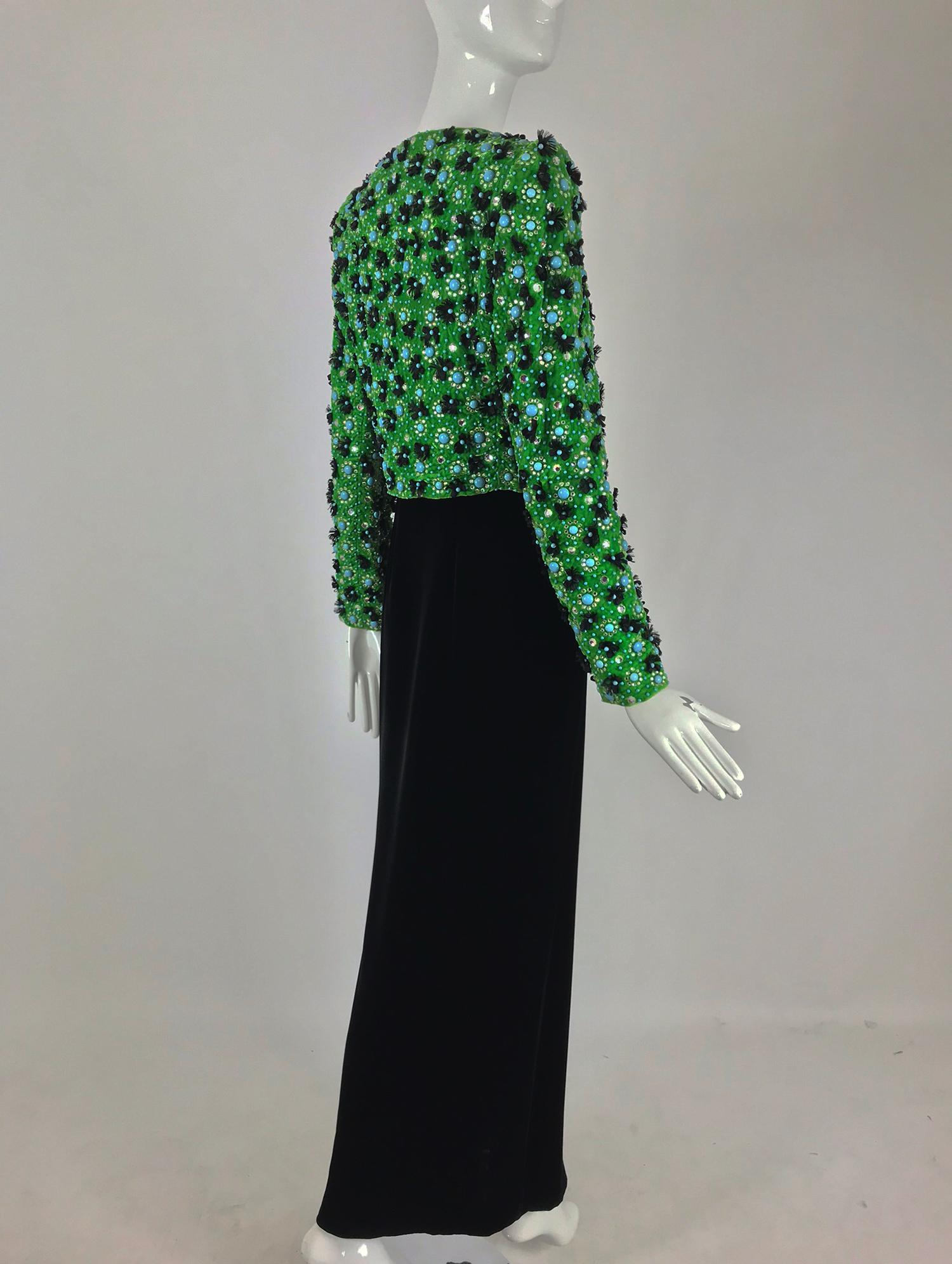 Black Adolfo Grass Green Velvet beaded Jacket and Velvet Slip Dress set 1970s 