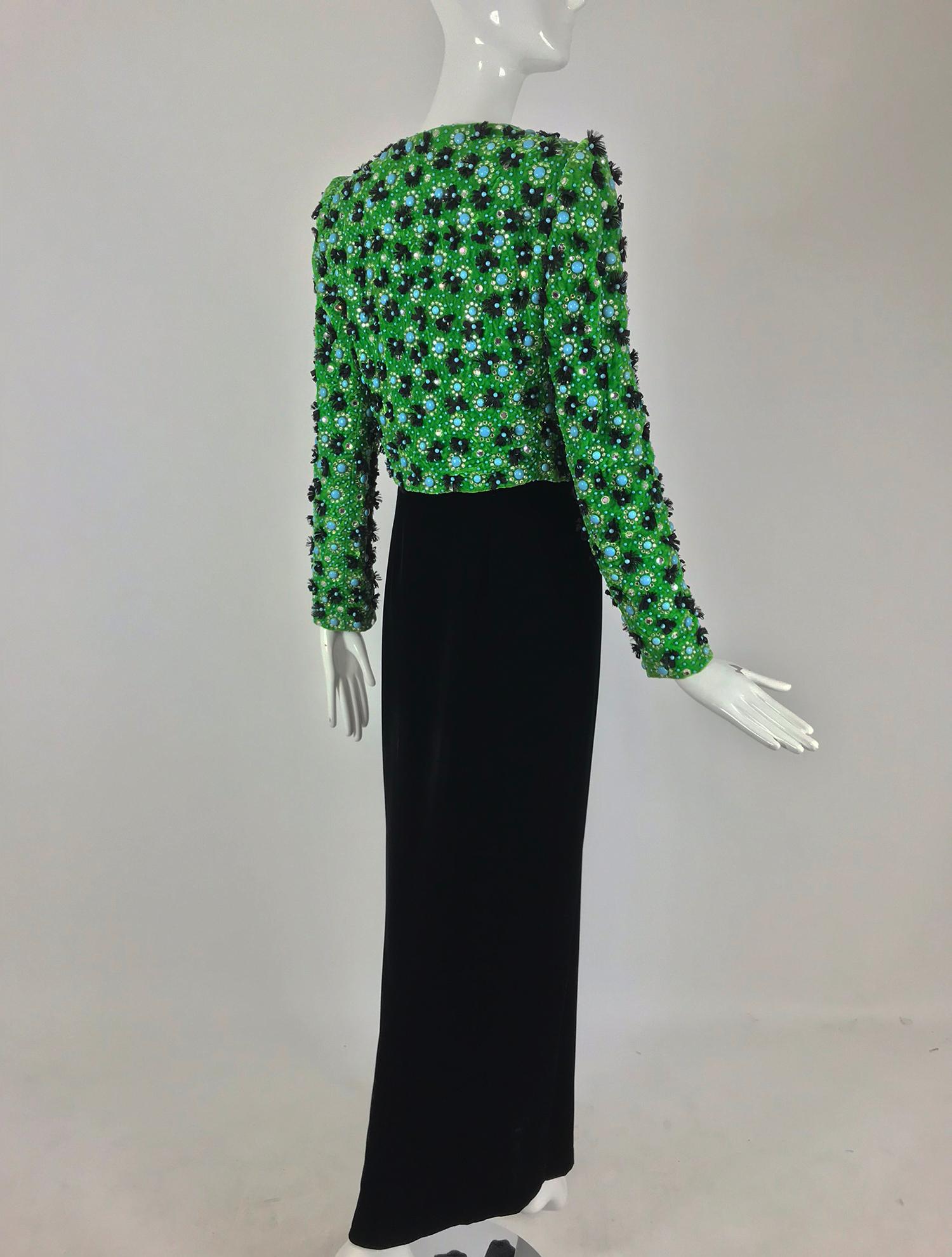 Adolfo Grass Green Velvet beaded Jacket and Velvet Slip Dress set 1970s  In Good Condition In West Palm Beach, FL