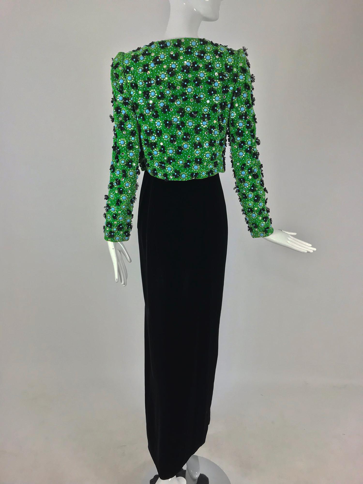 Women's Adolfo Grass Green Velvet beaded Jacket and Velvet Slip Dress set 1970s 