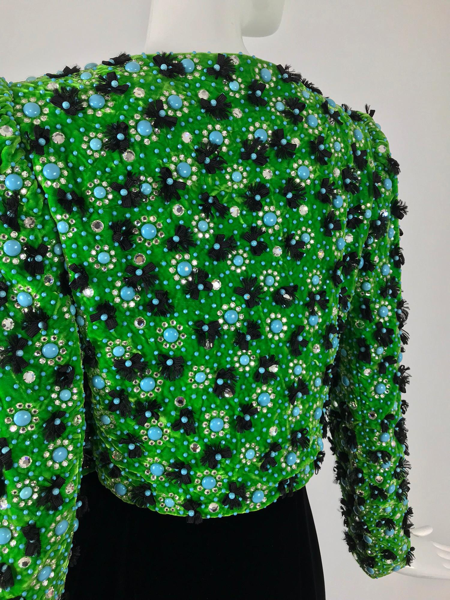 Adolfo Grass Green Velvet beaded Jacket and Velvet Slip Dress set 1970s  1