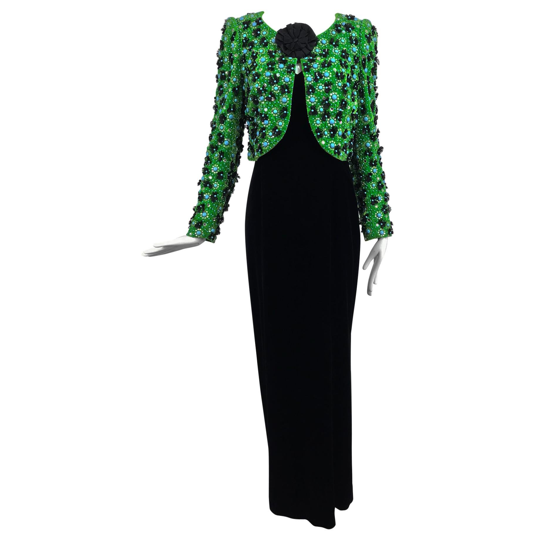 Adolfo Grass Green Velvet beaded Jacket and Velvet Slip Dress set 1970s 