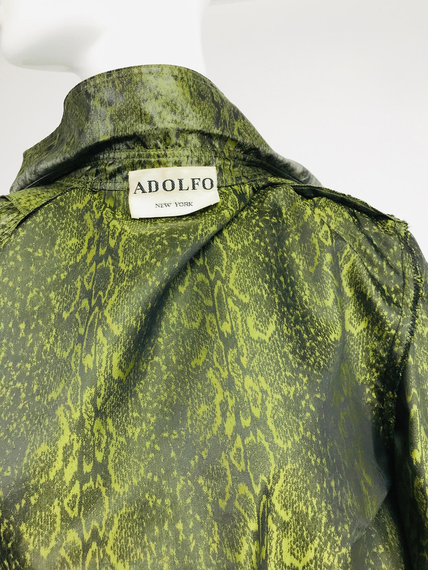 Adolfo Green Silk Textured Nylon Snakeskin Print Rain Coat 1980s For Sale 7