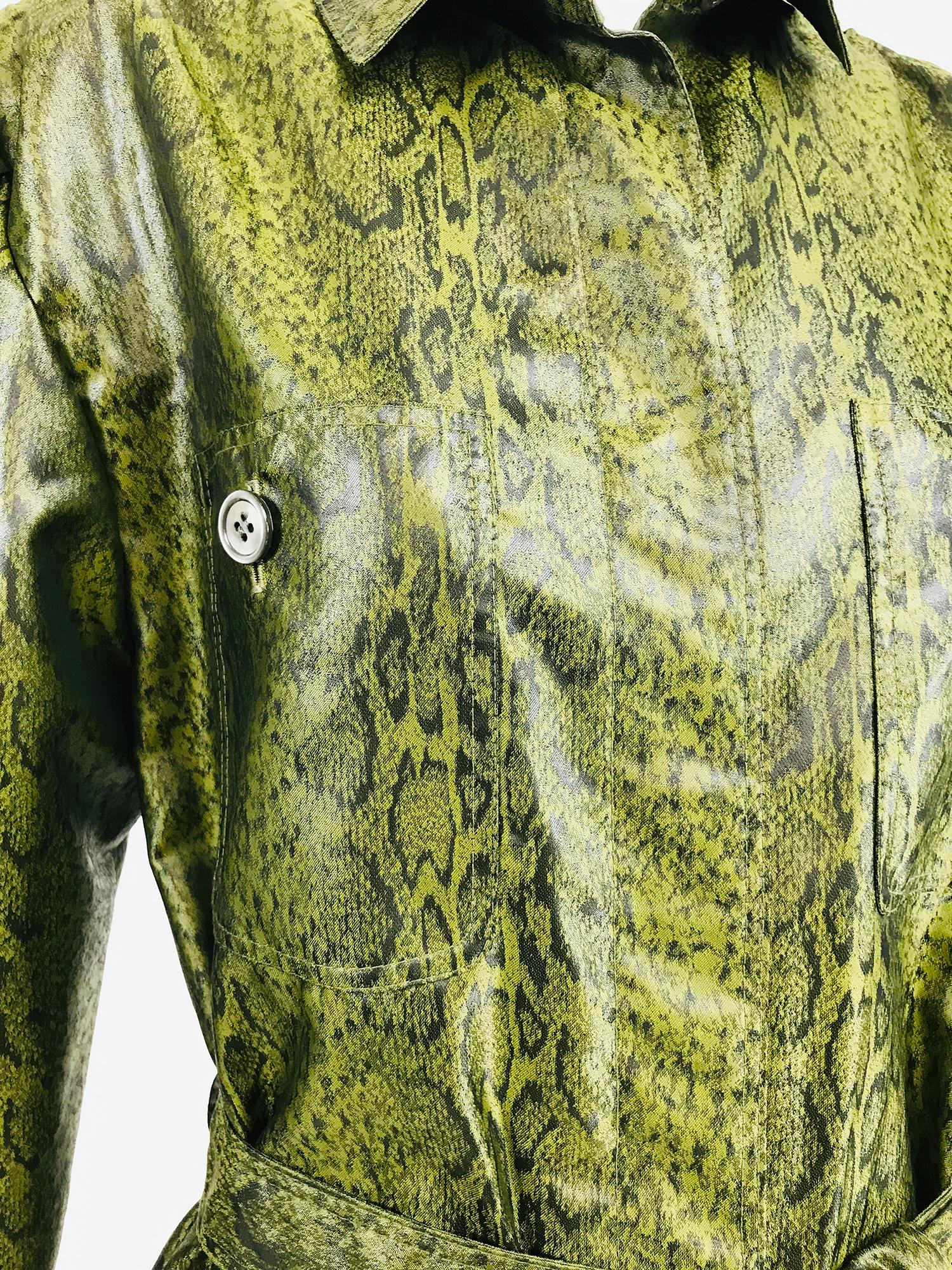 Black Adolfo Green Silk Textured Nylon Snakeskin Print Rain Coat 1980s For Sale