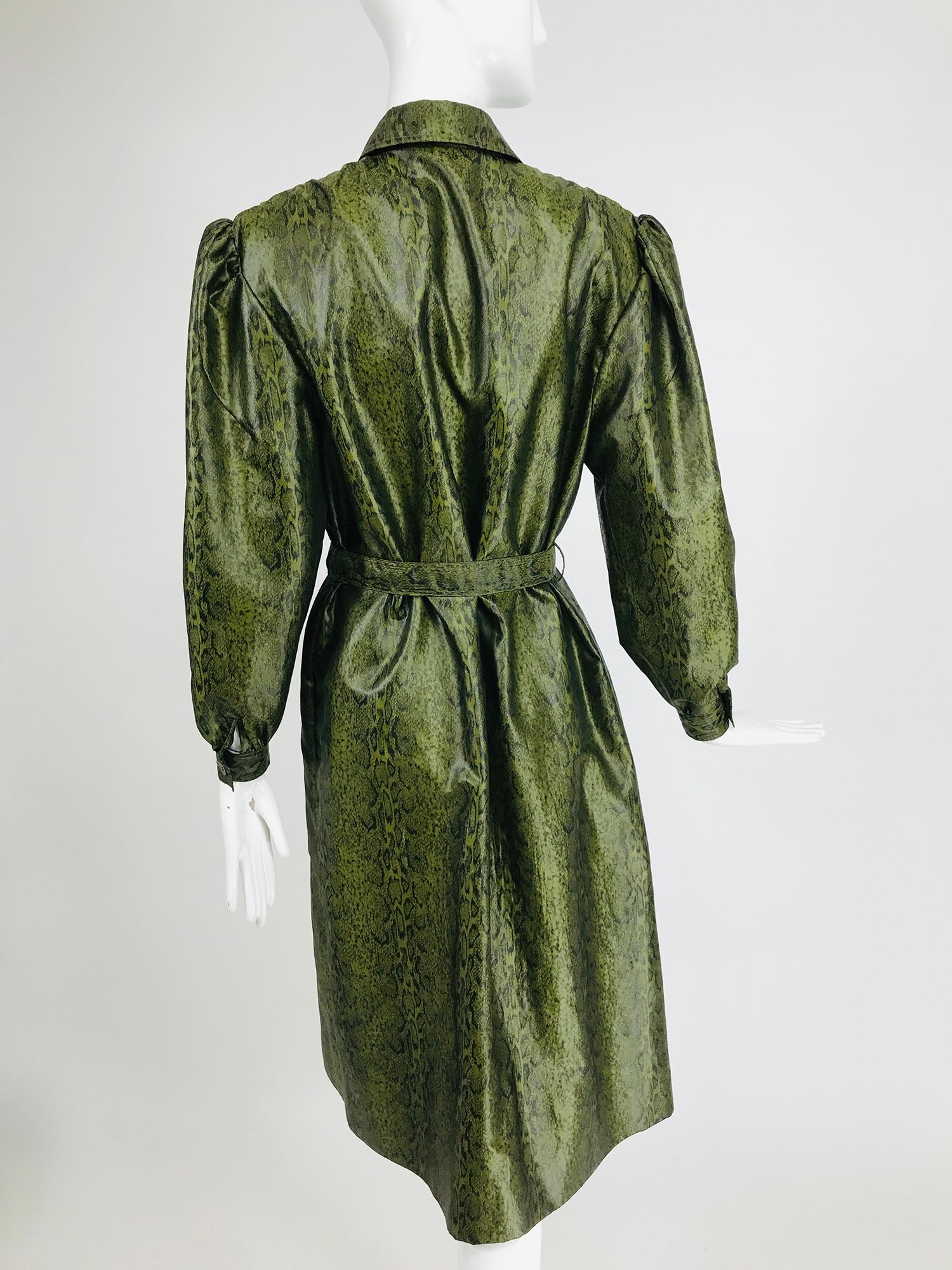 Adolfo Green Silk Textured Nylon Snakeskin Print Rain Coat 1980s For Sale 2