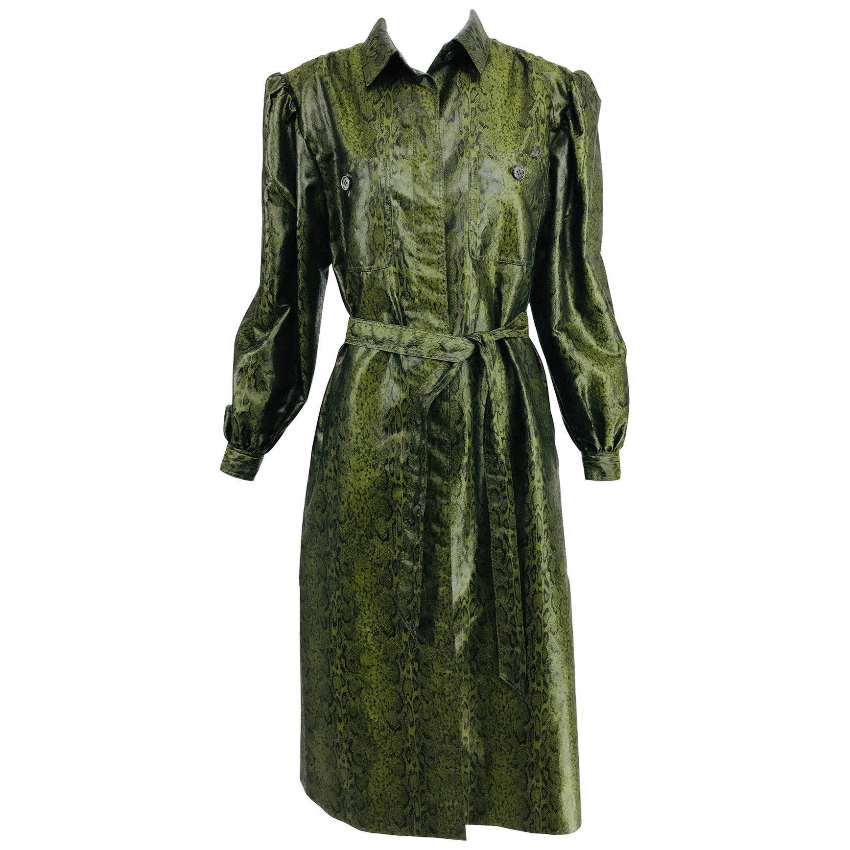 Adolfo Green Silk Textured Nylon Snakeskin Print Rain Coat 1980s For Sale
