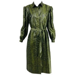 Vintage Adolfo Green Silk Textured Nylon Snakeskin Print Rain Coat 1980s