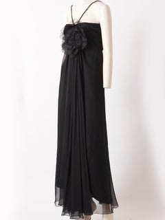 Adolfo Layered Chiffon Evening Dress with Silk "Poppy" Flower Detail