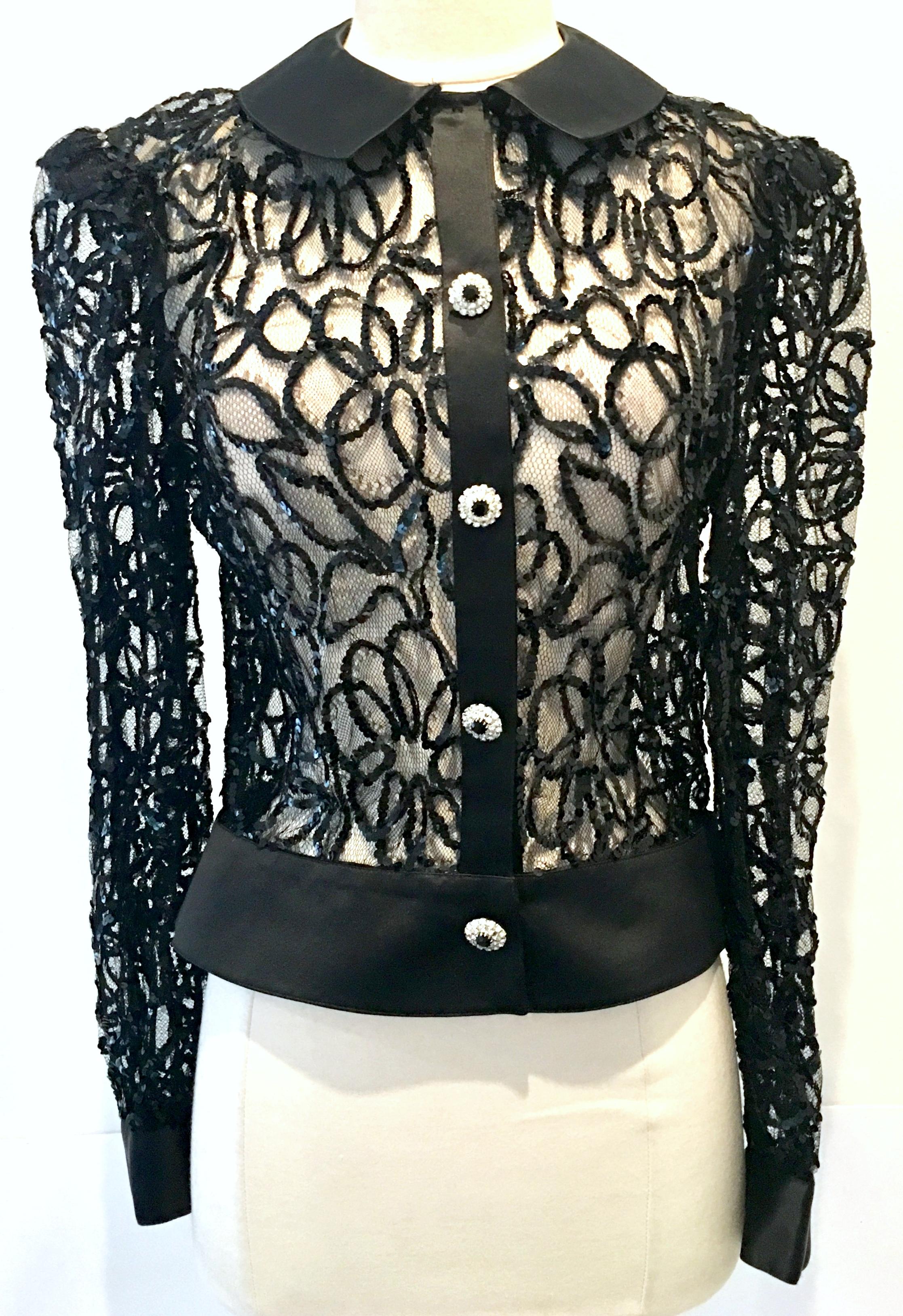 20th Century Black Lace, Satin, Sequin & Swarovksi Crystal Rhinestone Evening Blouse - Jacket ( Blouson) By, Adolfo New York. This very finely crafted classic collectible piece is a classic and dramatic staple for any wardrobe. Executed in the