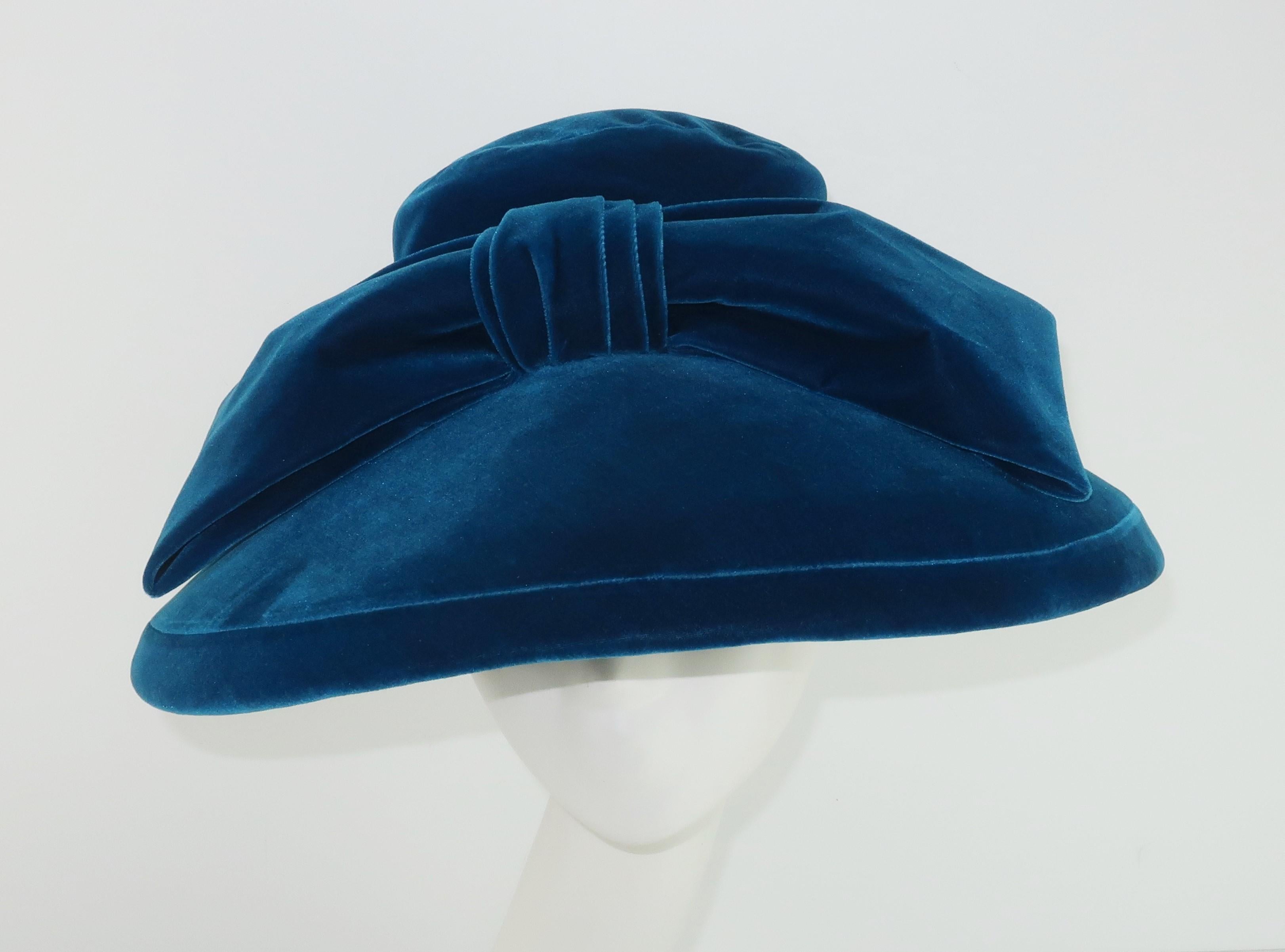 Women's Adolfo Peacock Blue Velvet Wide Brim Hat With Bow, C.1960