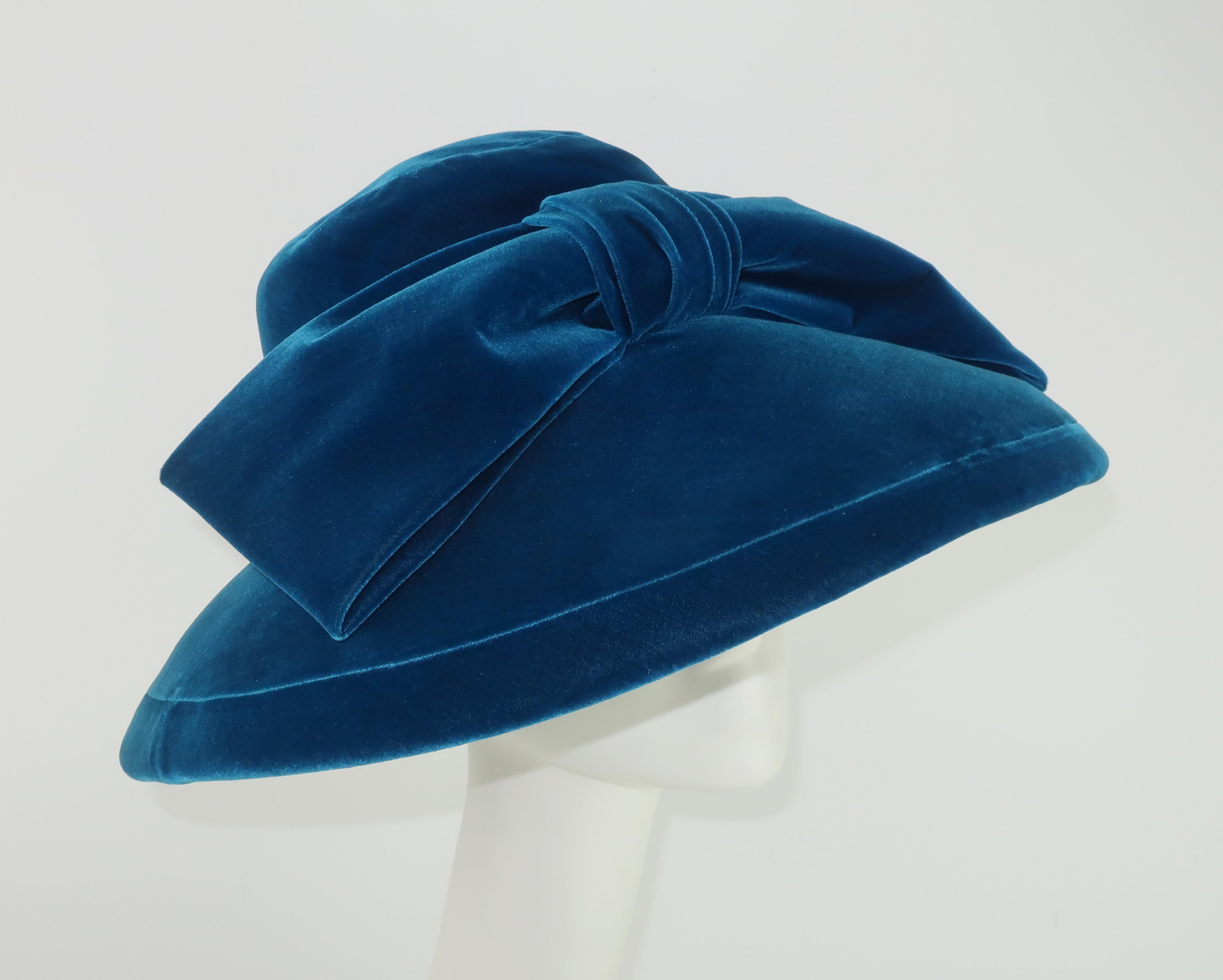 Adolfo Peacock Blue Velvet Wide Brim Hat With Bow, C.1960 1