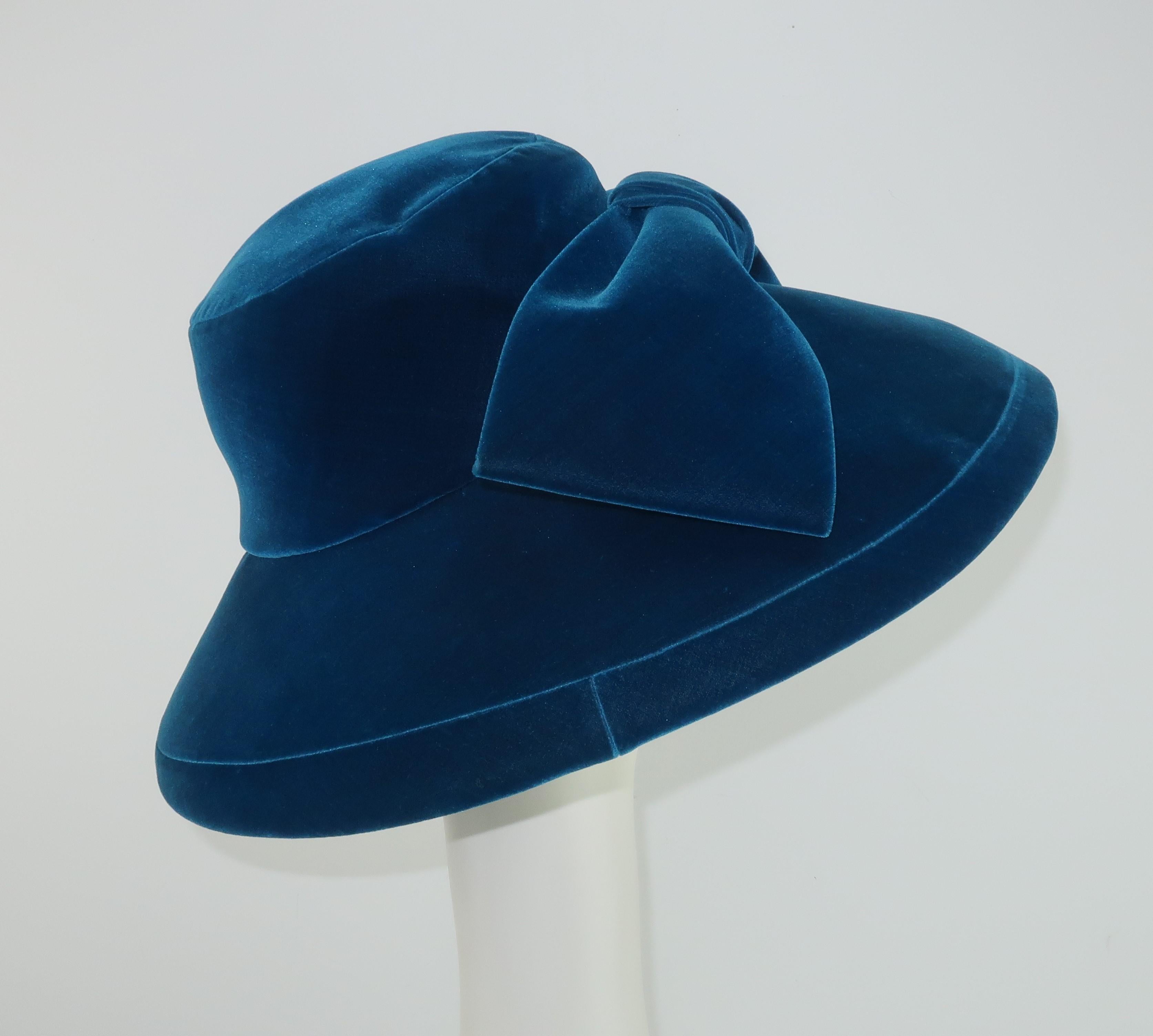 Adolfo Peacock Blue Velvet Wide Brim Hat With Bow, C.1960 2