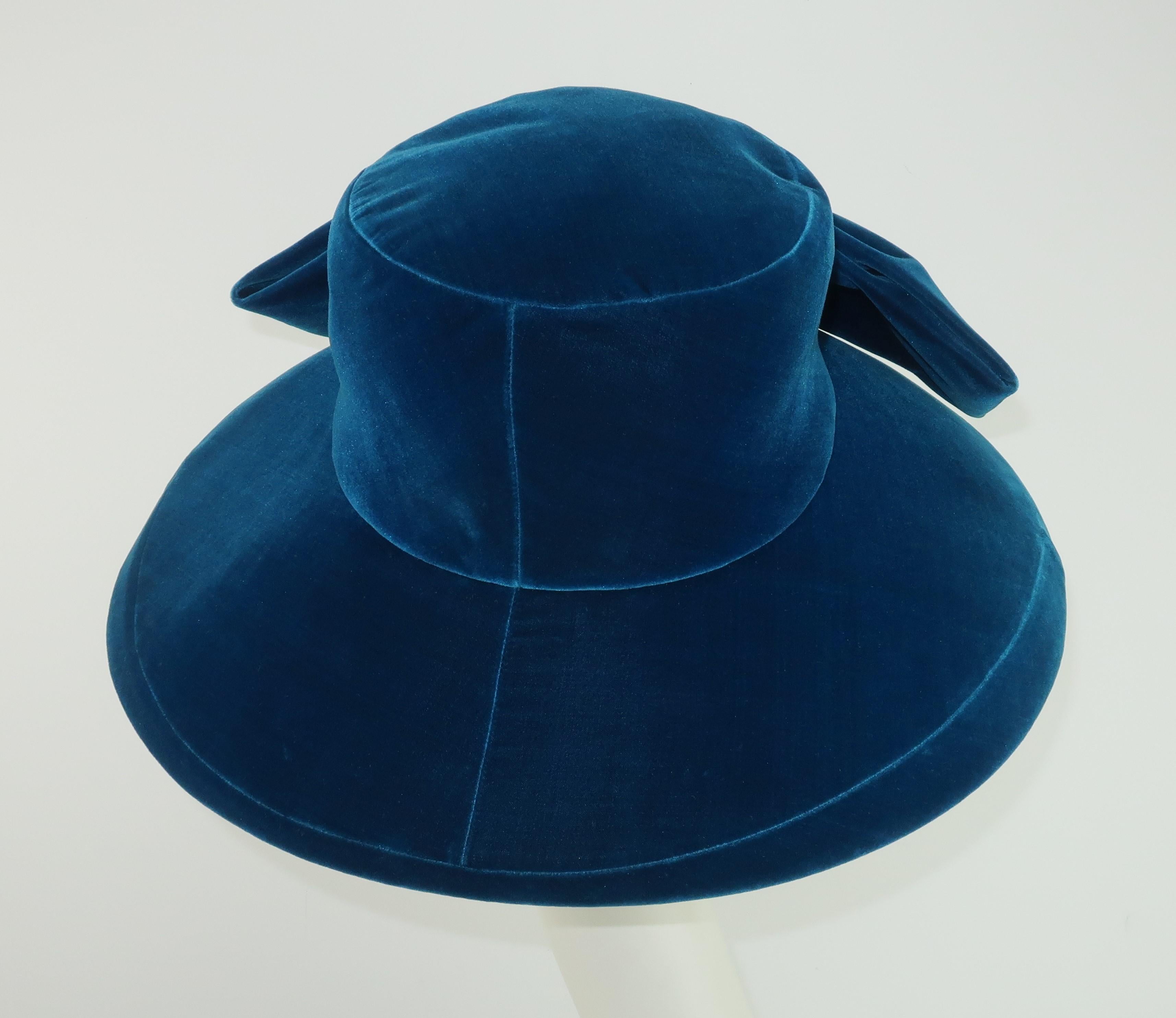 Adolfo Peacock Blue Velvet Wide Brim Hat With Bow, C.1960 3