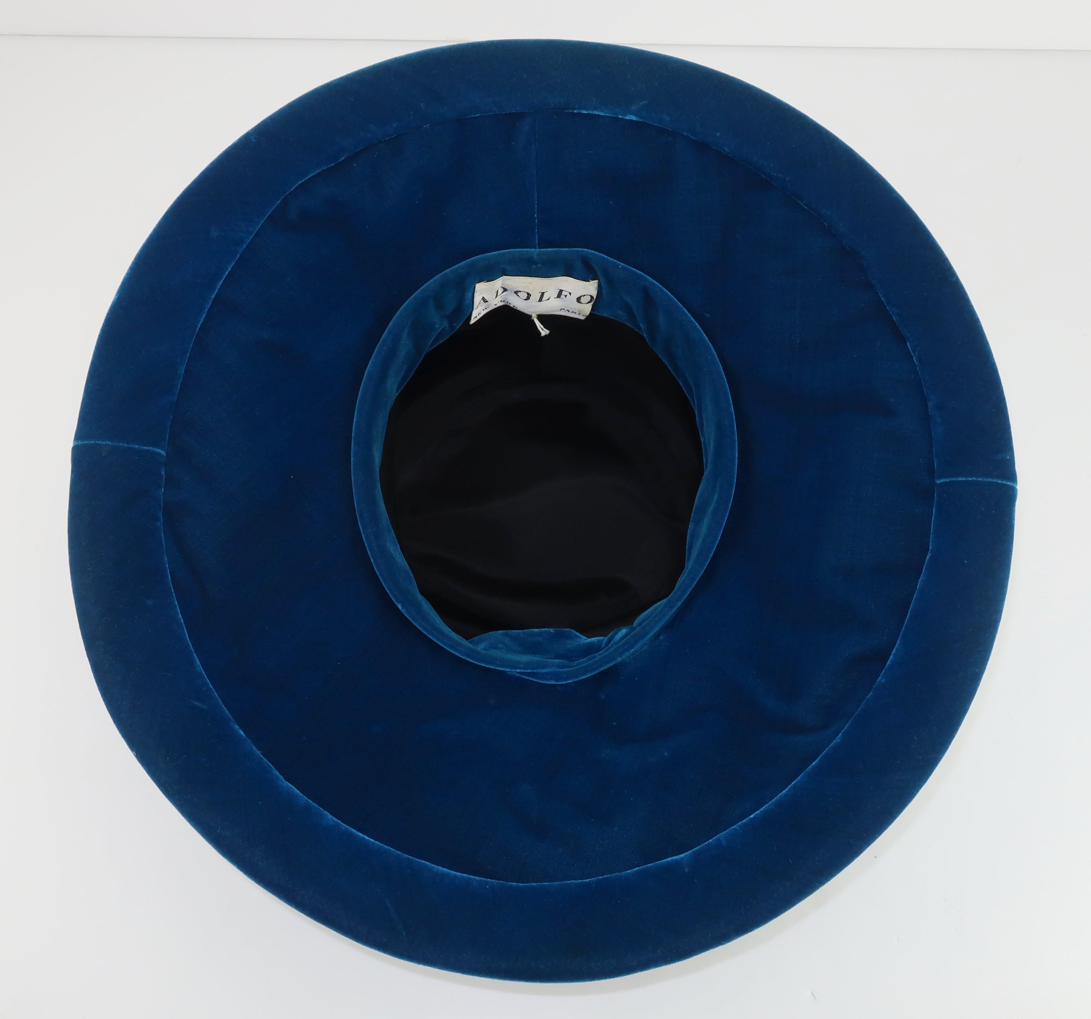 Adolfo Peacock Blue Velvet Wide Brim Hat With Bow, C.1960 4