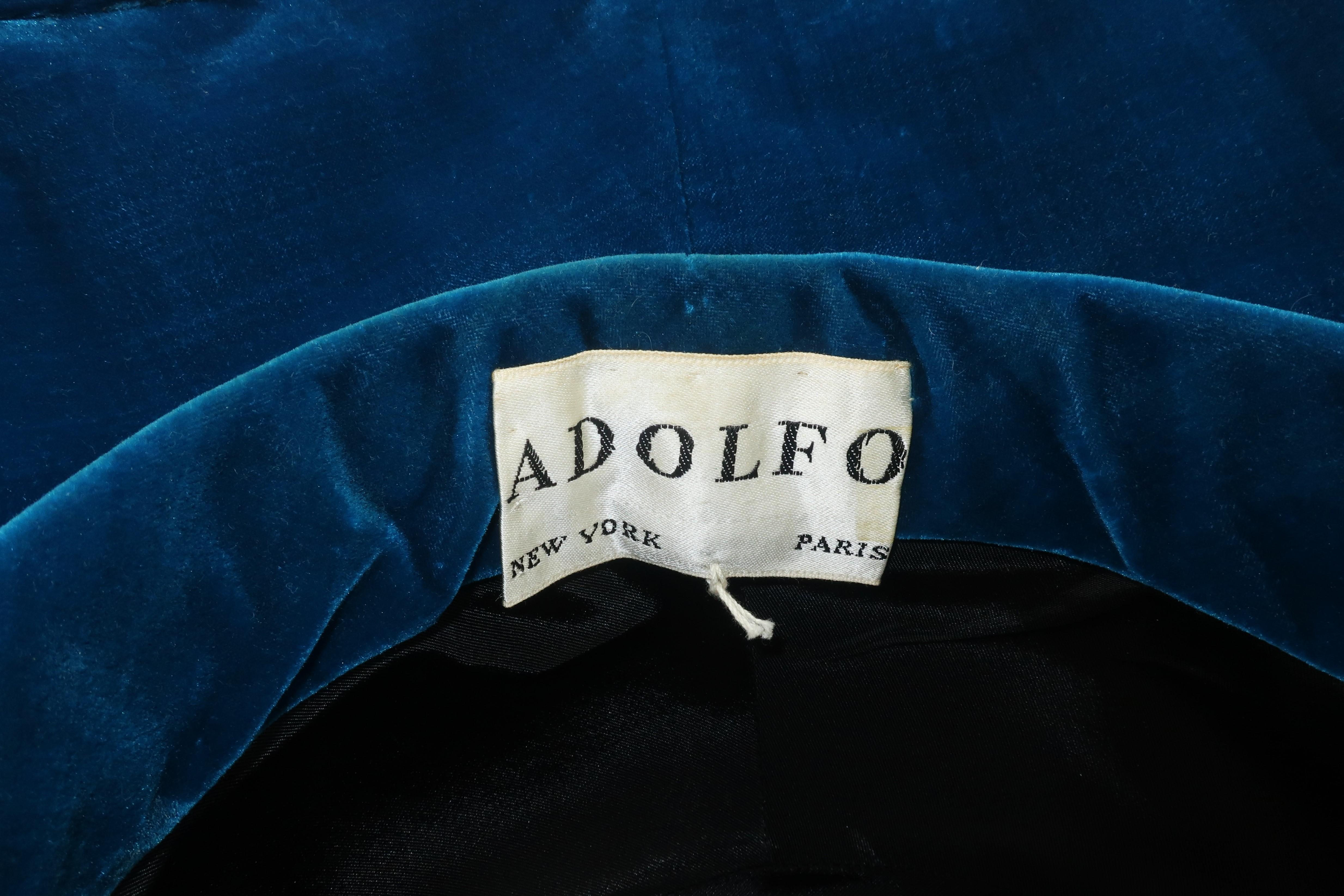 Adolfo Peacock Blue Velvet Wide Brim Hat With Bow, C.1960 5