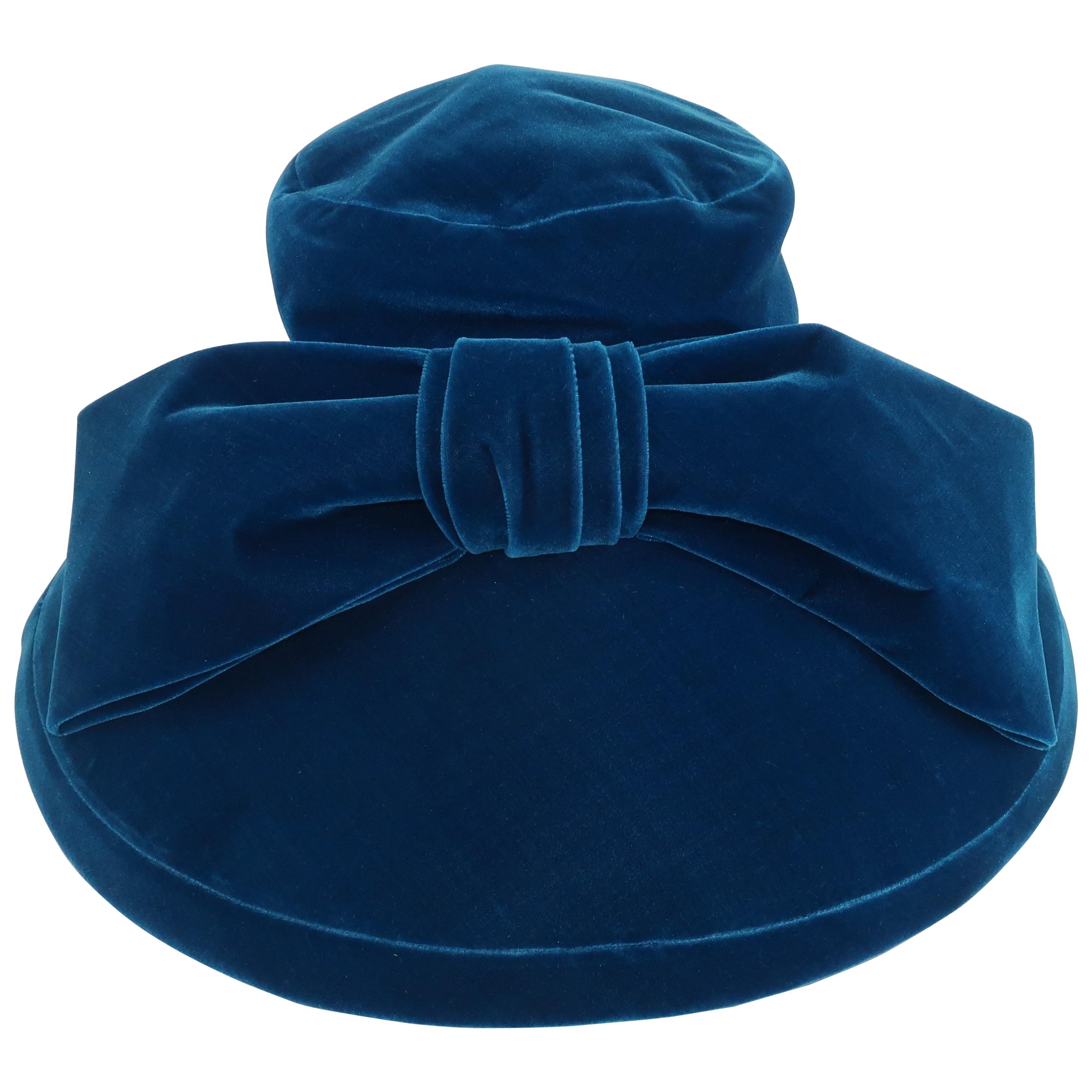 Adolfo Peacock Blue Velvet Wide Brim Hat With Bow, C.1960