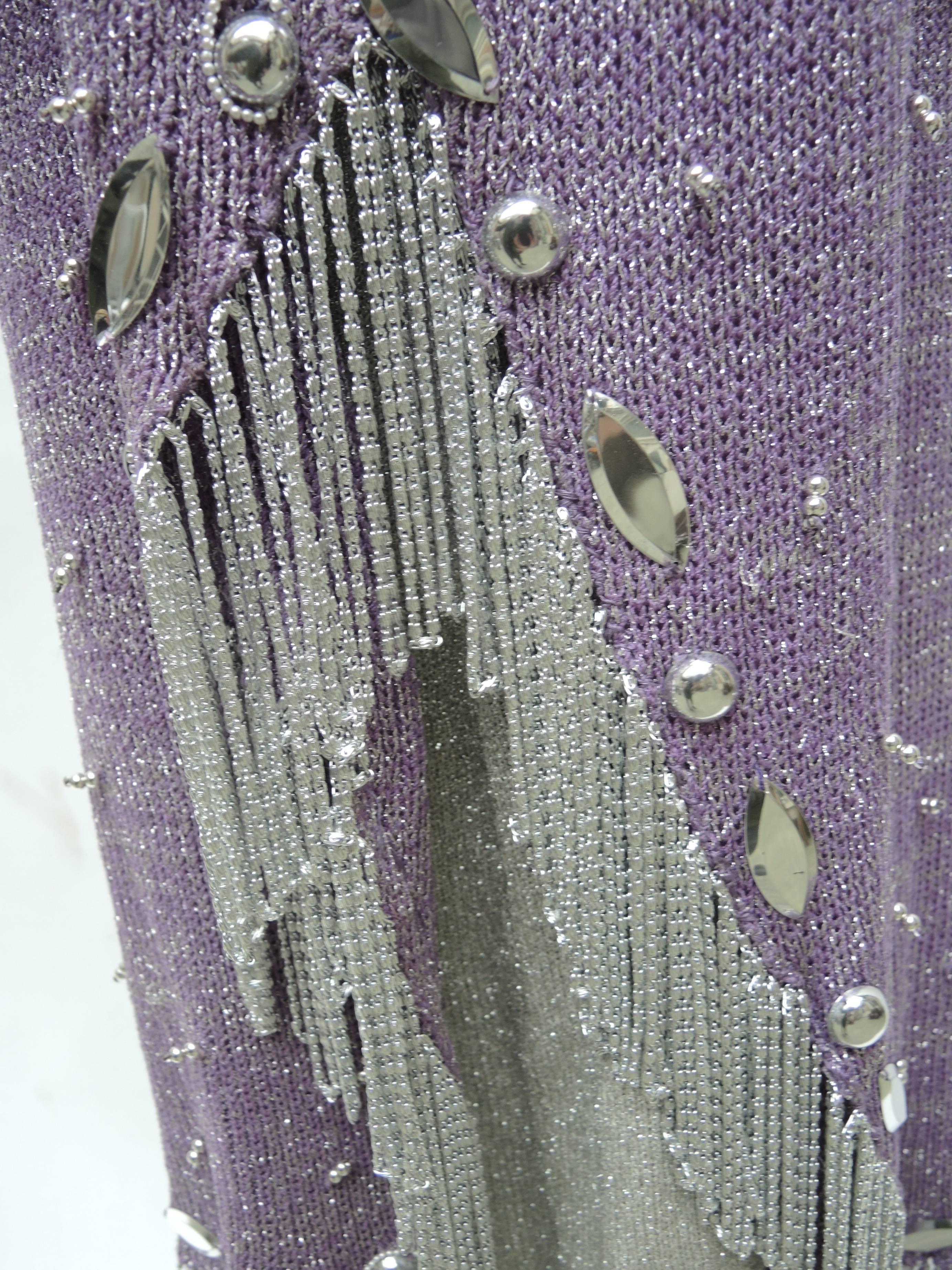 Adolfo  Purple & Silver Knit Chrome Chain Fringed Gown In Good Condition For Sale In Antwerp, BE