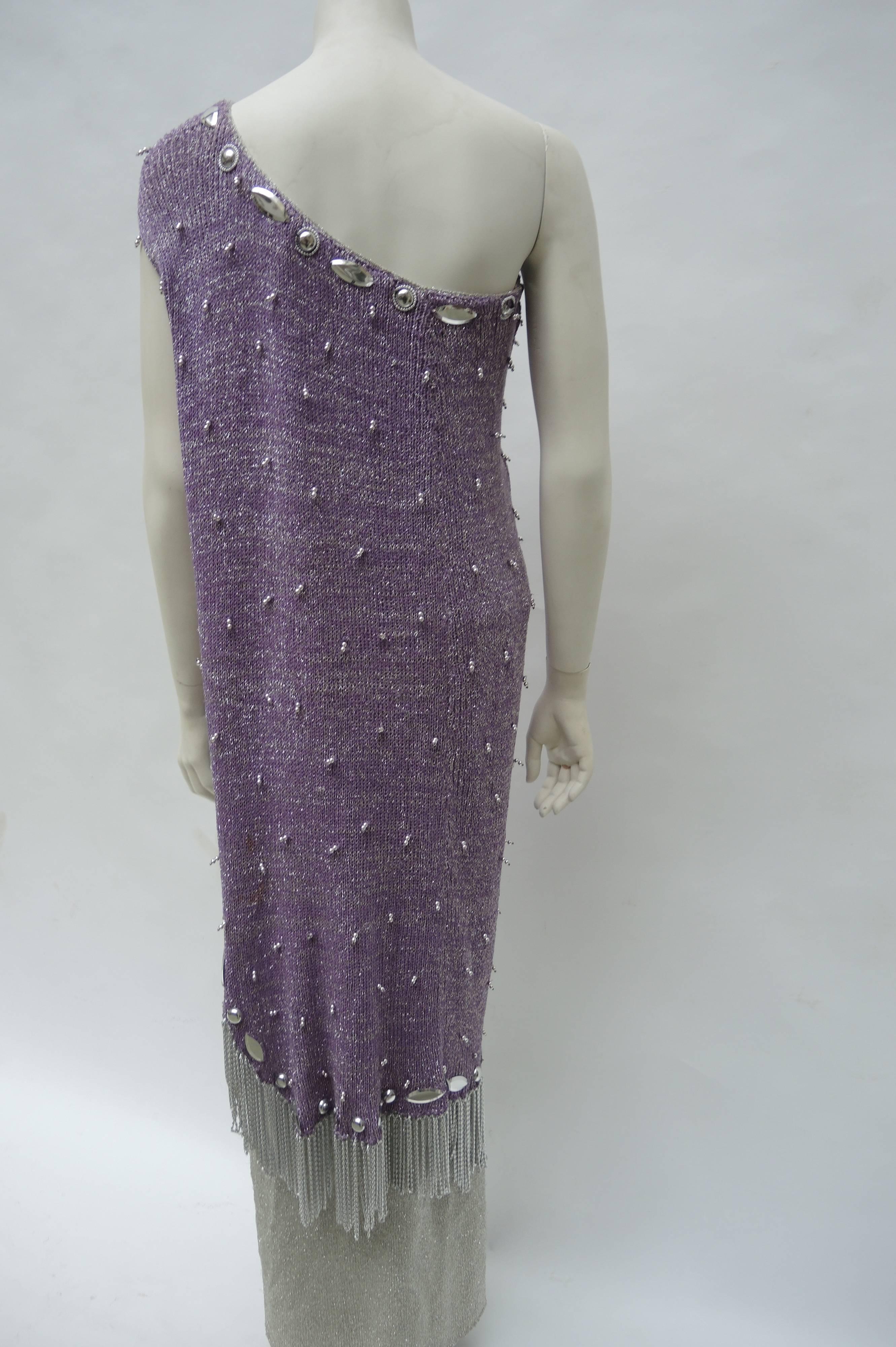 Adolfo  Purple & Silver Knit Chrome Chain Fringed Gown For Sale 1