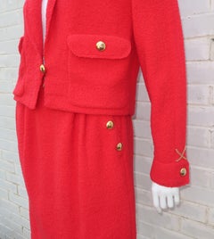 Adolfo Red Boucle Knit Skirt Suit With Chain Details, 1980s