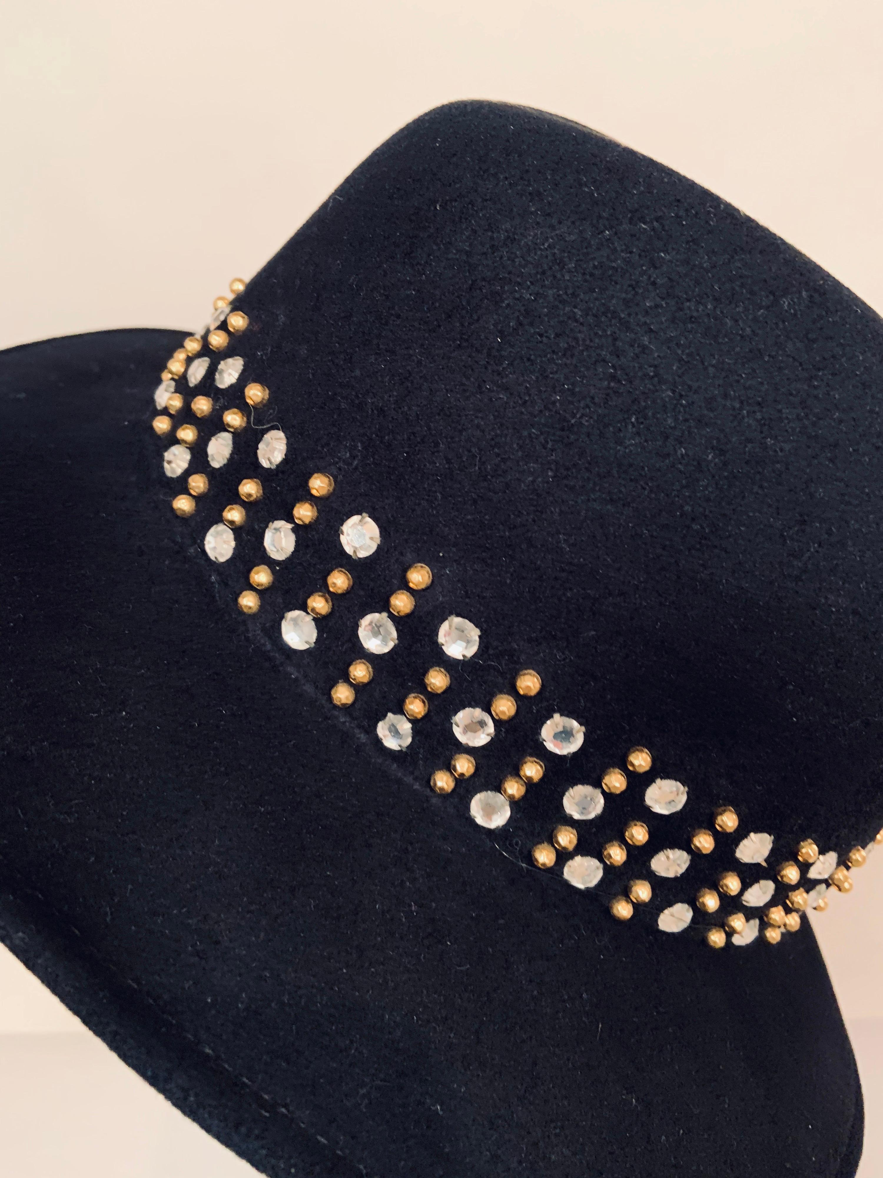 Adolfo Rhinestone and Brass Stud Trimmed Black Wool Felt Fedora Hat In Excellent Condition In New Hope, PA