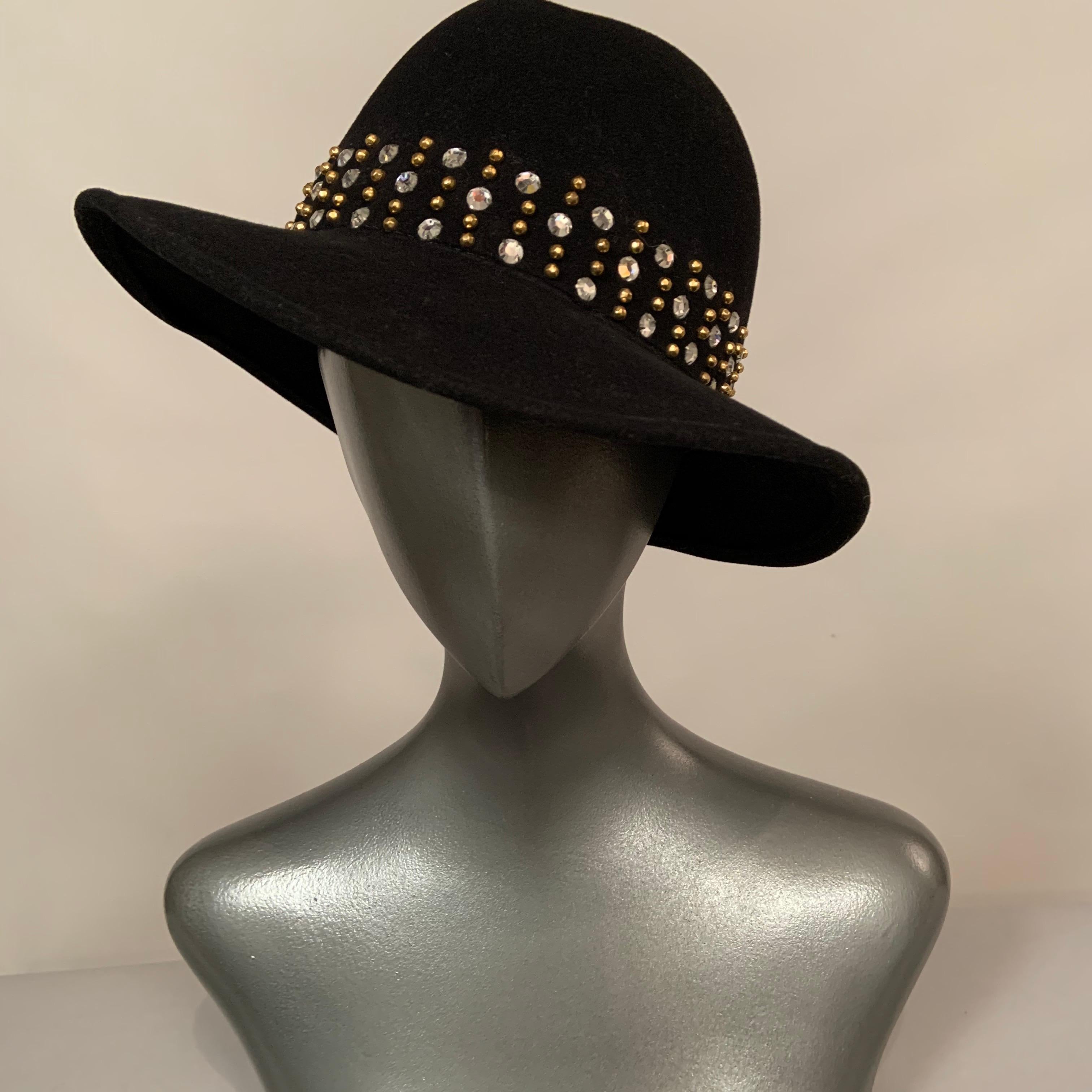 Women's Adolfo Rhinestone and Brass Stud Trimmed Black Wool Felt Fedora Hat