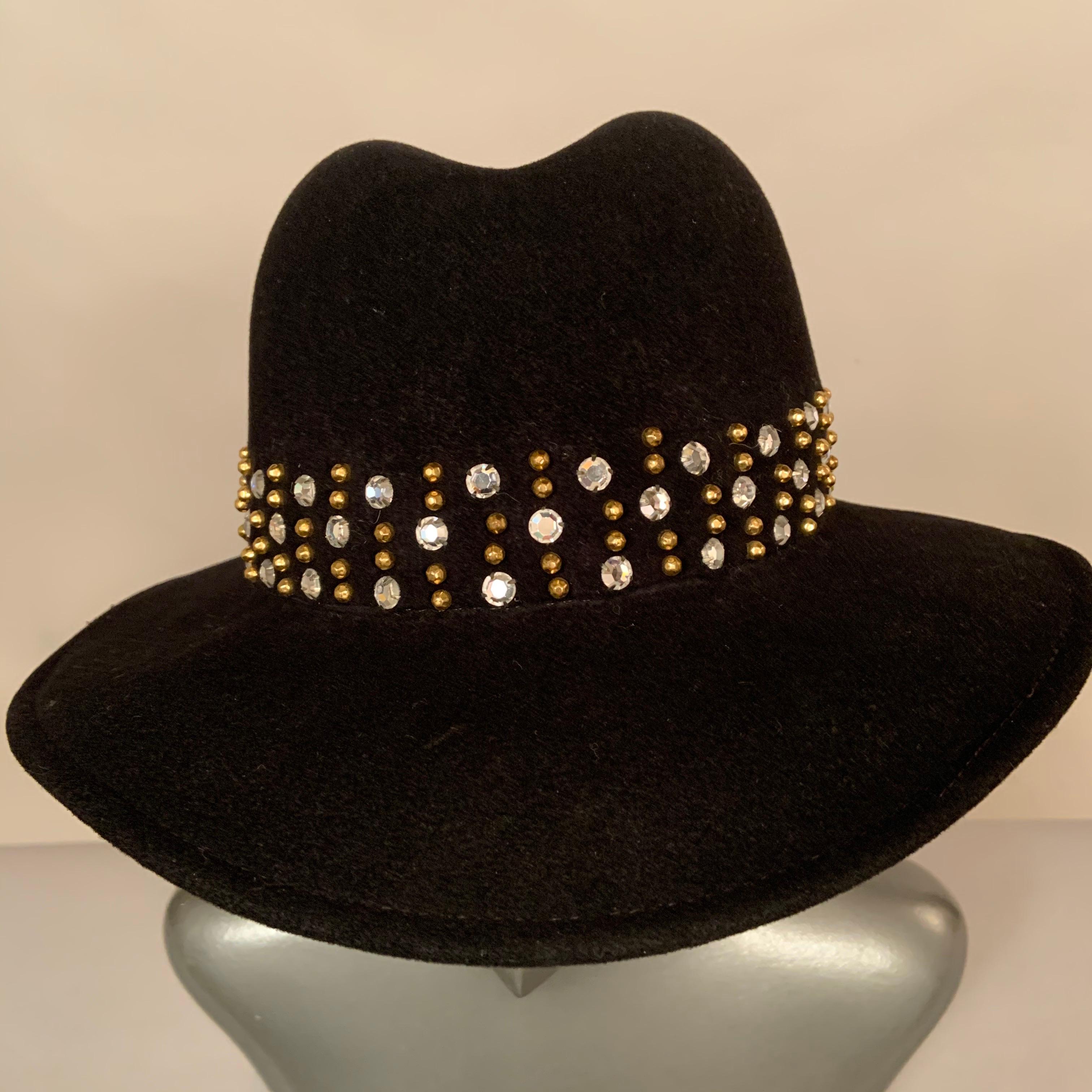 Adolfo Rhinestone and Brass Stud Trimmed Black Wool Felt Fedora Hat 1