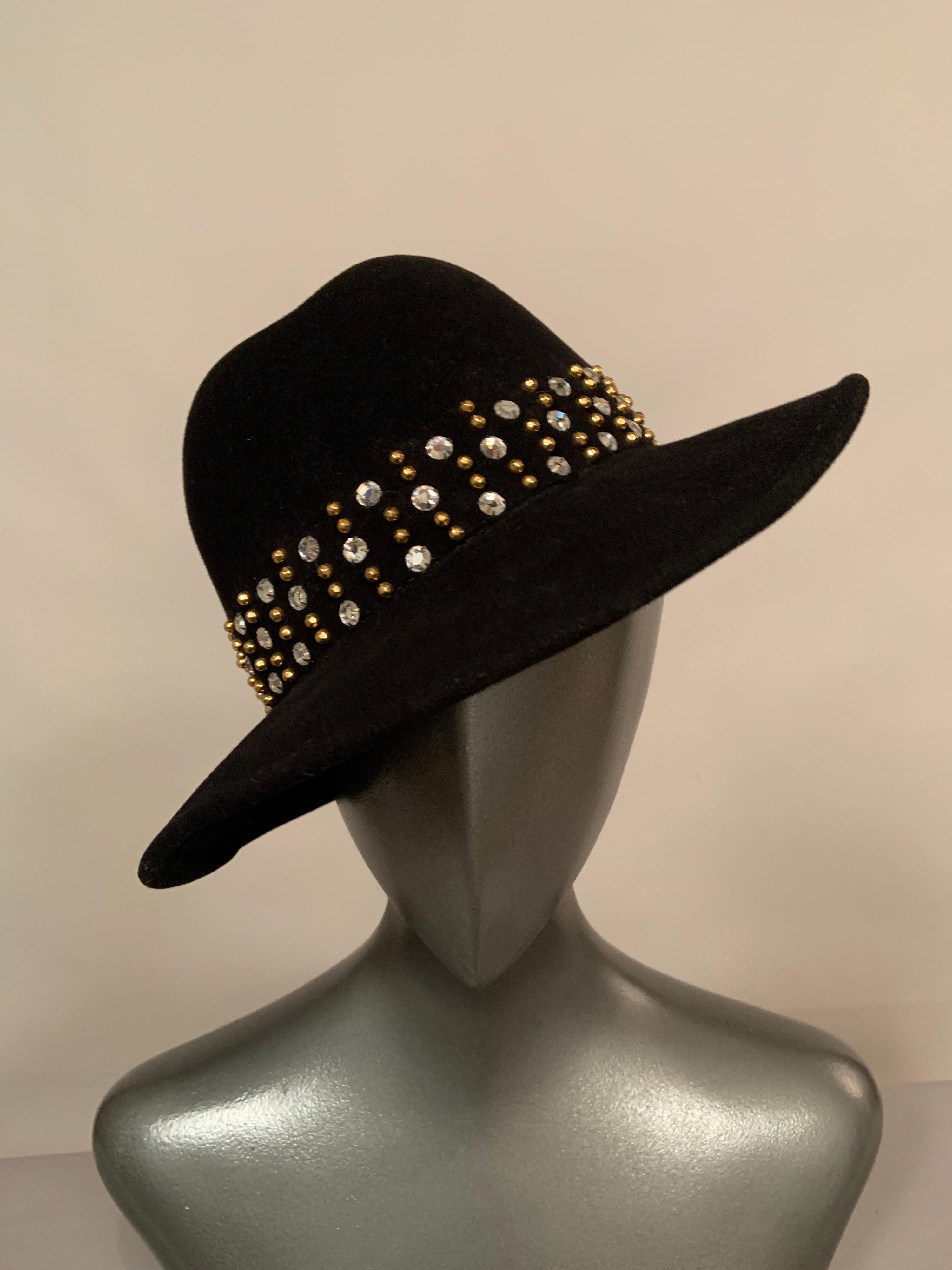Adolfo Rhinestone and Brass Stud Trimmed Black Wool Felt Fedora Hat 2