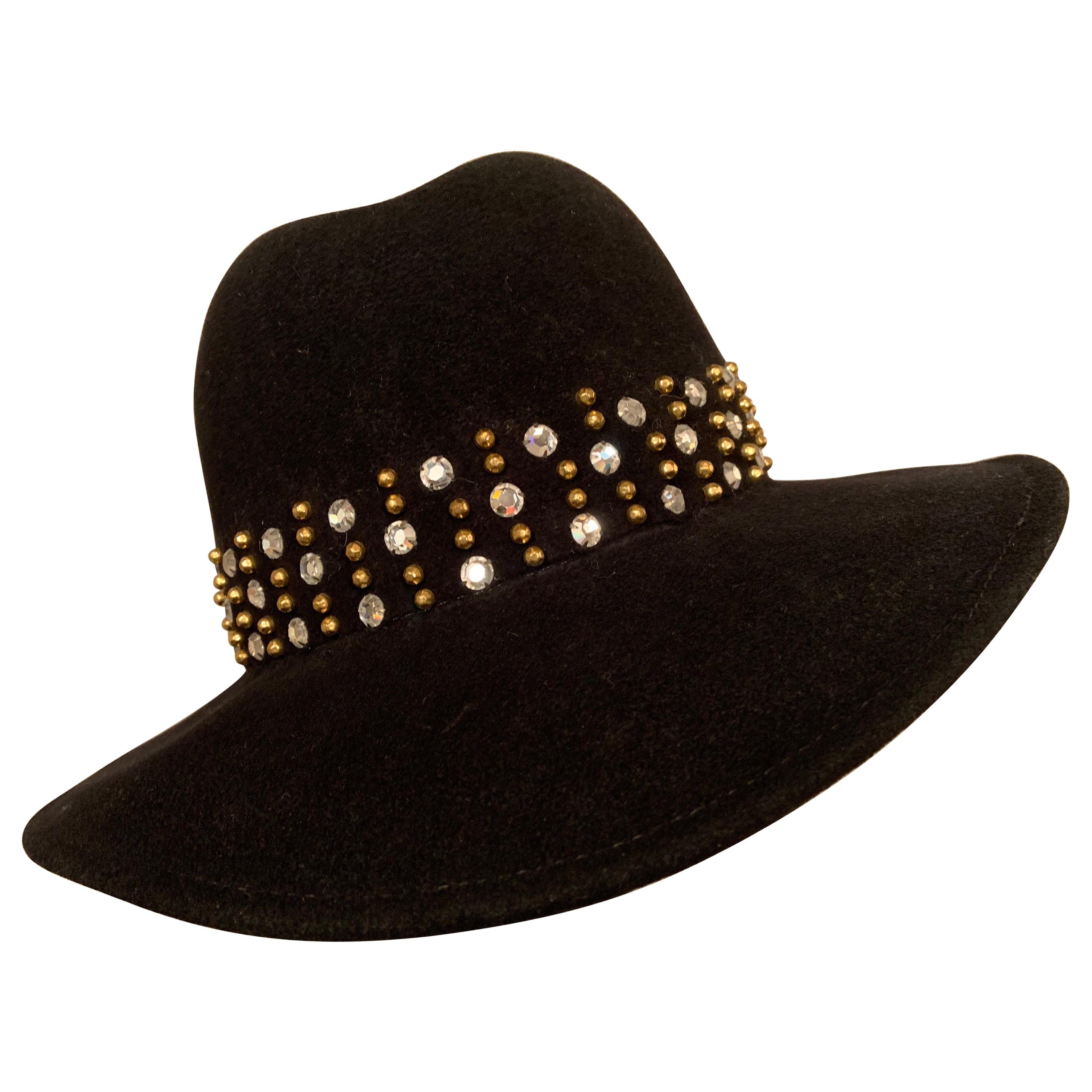 Adolfo Rhinestone and Brass Stud Trimmed Black Wool Felt Fedora Hat