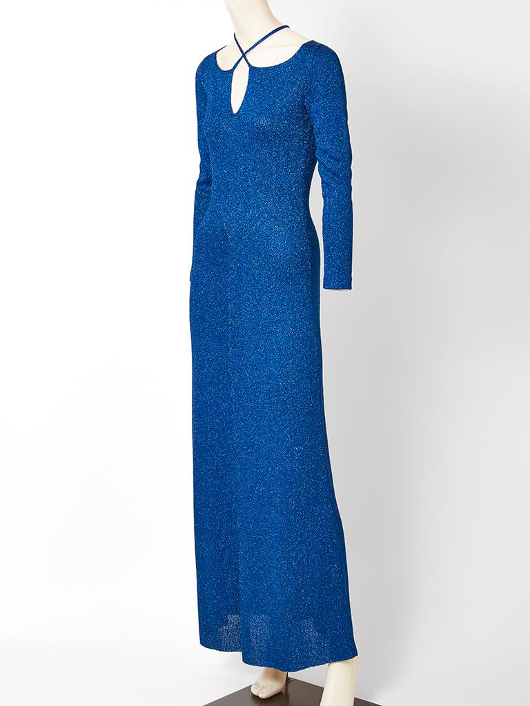 Adolfo, sapphire blue, lurex,  knit, maxi dress having, long sleeves, a fitted bodice with a slightly flared skirt and a 