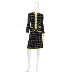 Adolfo Sardiña Vintage Black Plaid Boucle Knit Skirt & Jacket Suit w Yellow Trim