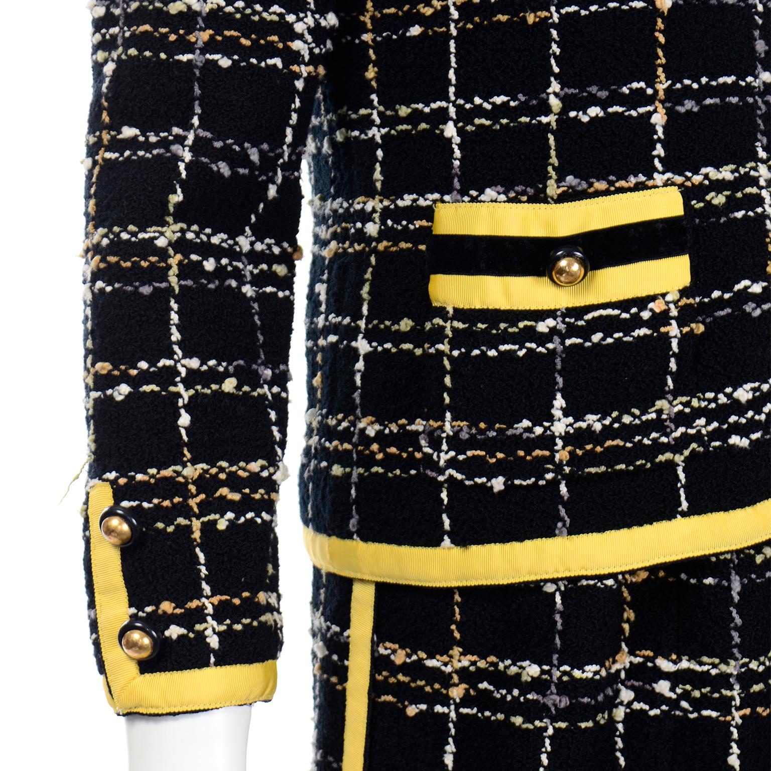 Women's Adolfo Sardiña Vintage Black Plaid Boucle Knit Skirt & Jacket Suit w Yellow Trim